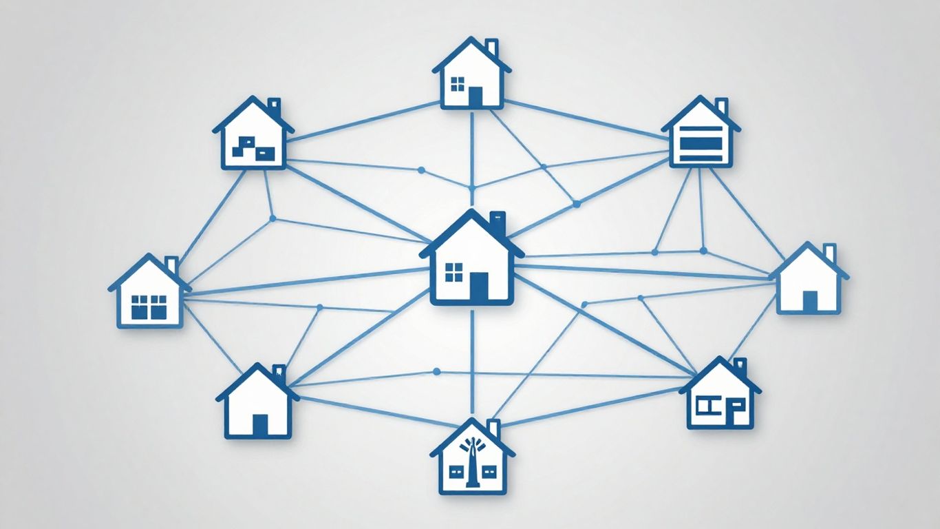 Digital network connecting real estate properties, data flow.