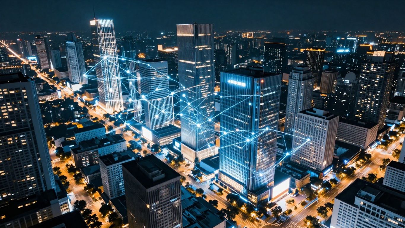 Digital connections overlaying a cityscape
