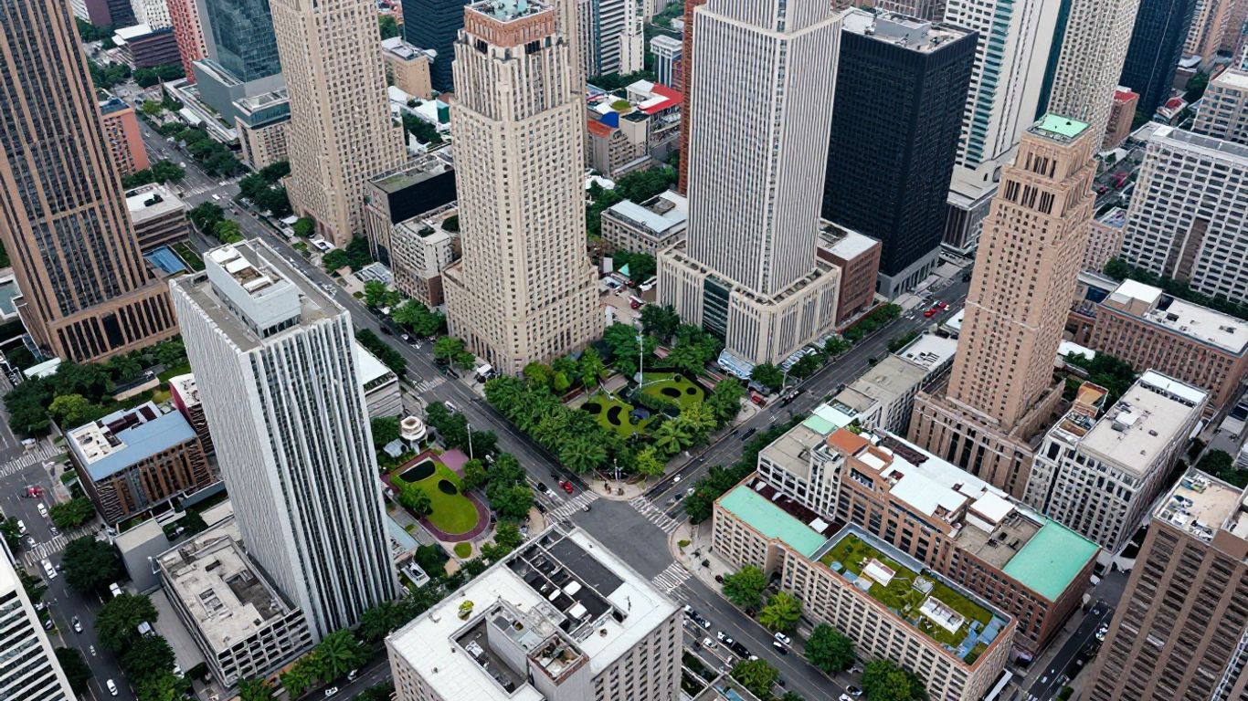 Cityscape from above with buildings and streets.