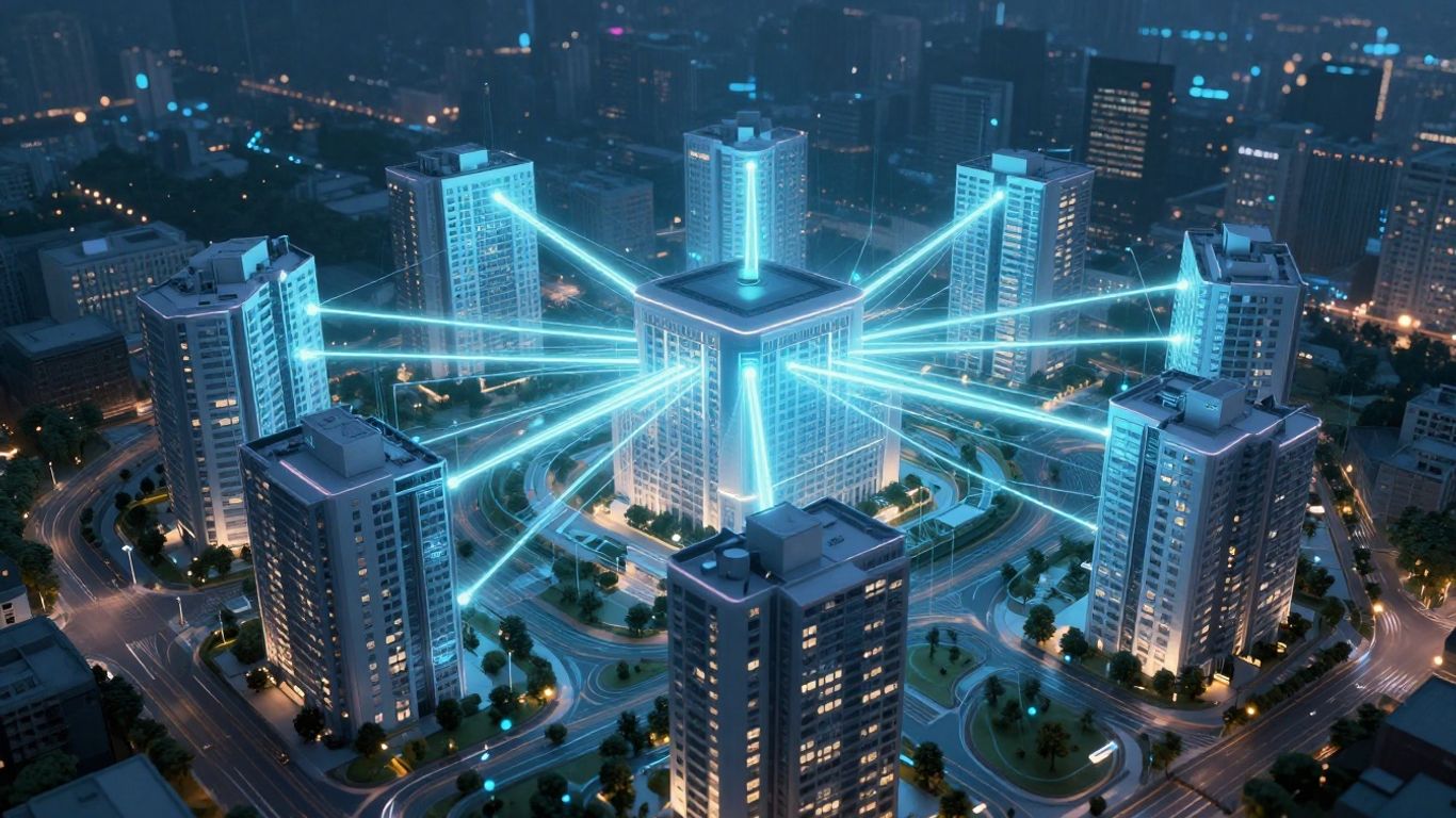 Interconnected property buildings with glowing data lines.