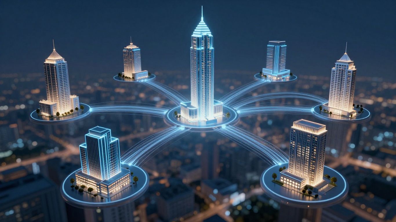 Digital network connecting building icons