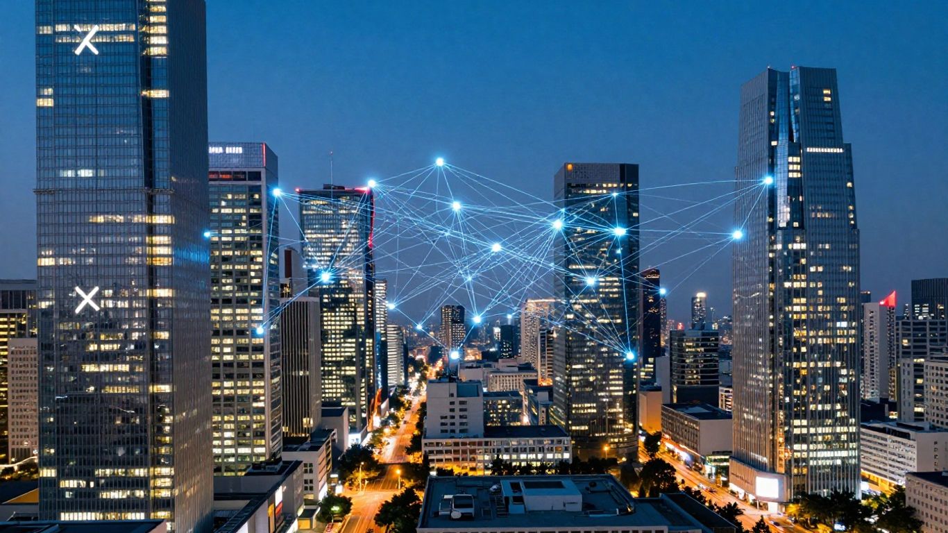 Cityscape with data lines connecting buildings