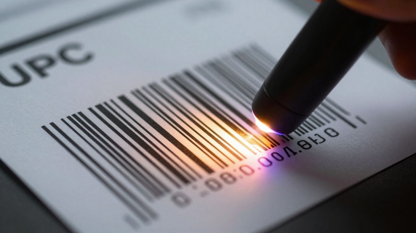 Barcode scanner reading a UPC code on a product.