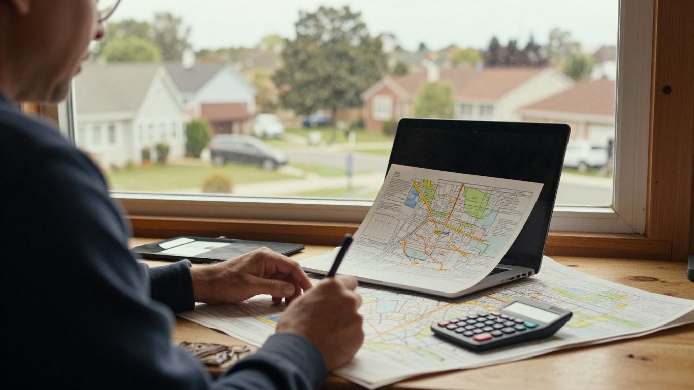 Analyst reviewing property records and maps