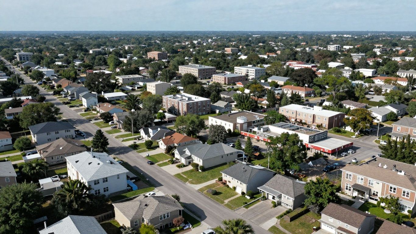 Aerial view of diverse American neighborhoods