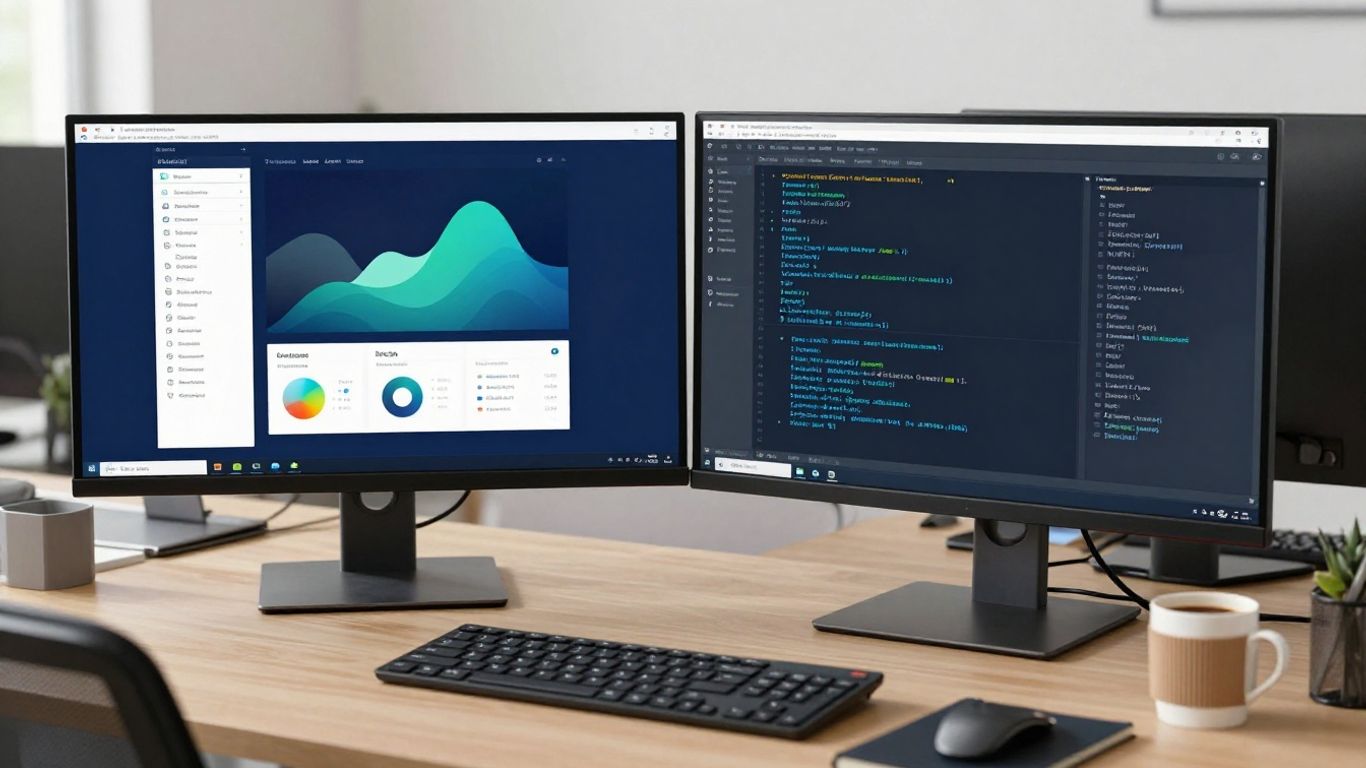 Developer reviewing product API records on dual monitors