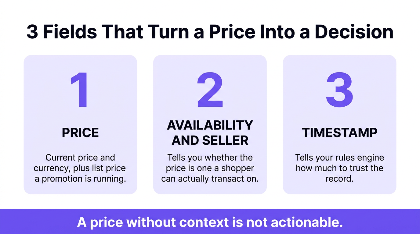 A product data API powers ecommerce price monitoring and repricing with cross-merchant pricing data, scheduled delta syncs, and no throughput caps. Product Data API for Ecommerce Price Monitoring and Repricing Key Takeaways A product data API turns competitor pricing from a manual research task into a scheduled feed your repricing rules can act on. Price alone is not actionable. Repricing needs price, availability, seller identity, and a timestamp in the same record. Cross-merchant coverage beats single-marketplace depth, because shoppers compare across brand sites and regional retailers too. Scheduled delta queries filtered by last update date keep data current without re-pulling the full catalog on every cycle. Throughput caps quietly set the ceiling on how many SKUs a team can realistically monitor per day. Choose the data access model before you write the pricing rules, because polling cadence decides how fast you can respond. A product data API is a service that returns structured product records, including price, availability, seller, and a last-updated timestamp, from retailers across the web in one consistent schema. For pricing teams, what that definition replaces matters more than the definition itself: a spreadsheet, a rotating list of competitor URLs, and someone checking them by hand on Tuesday mornings. Deloitte's 2026 retail outlook found that 73% of surveyed retail executives plan to adjust retail prices gradually upward over the year, which means the competitive price map a brand drew in January will not hold through summer. Teams that need to access structured product data at scale usually reach that conclusion after the manual process stops keeping up. The gap between checking prices weekly and checking them daily is not a matter of diligence. It is a data access problem, and the shape of your access model decides how much of the market stays visible to you and how quickly you can act on what it shows. What Does a Product Data API Do for Price Monitoring? Price monitoring sounds like one task, but it breaks into three. You have to find the listings that actually compete with yours, capture their current state, and record that state in a form your rules engine can compare against what it saw yesterday. An in-house scraper pointed at competitor product pages handles the first job unevenly and the third job barely at all, which is why reliable competitor pricing data depends on getting all three right. The Fields That Make Pricing Data Actionable A price on its own is close to useless for repricing. A $79 listing means one thing when the item is in stock and sold directly by the retailer, and something entirely different when it comes from a third-party seller quoting a two-week ship estimate. Useful competitor pricing data pairs the number with the context that makes it comparable. Current price and currency, plus list price when a promotion is running. Availability and seller identity, so you know whether the price is one a shopper can actually transact on. A last-updated timestamp, which tells your rules engine how much to trust the record. That third field carries more weight than teams expect. Without it, a competitor holding steady and a feed that quietly stopped refreshing three days ago look identical in a dashboard. Cross-Merchant Coverage Versus Single-Marketplace Depth Most price monitoring tools began life as marketplace tools, and they report accurately on what happens inside one storefront. Shoppers do not stay inside one storefront. They compare across marketplaces, category specialists, regional chains, and brand-owned sites, and the price that costs you a sale is often one you never measured. Broad ecommerce product data, drawn from many merchants rather than one, gives repricing rules a view closer to what a shopper actually encounters. Large marketplaces already operate with that view, since their own algorithms react to the same wider field. Online sales reached 16.9 percent of total US retail in the first quarter of 2026 and grew more than twice as fast as retail overall, so the set of merchants worth watching keeps widening rather than consolidating. Teams assembling a picture of competitor pricing for the first time consistently underestimate how much sits outside their own channel. How Do You Keep Pricing Data Current Without Over-Polling? Freshness is where price monitoring projects either work or quietly fail. Pull too rarely and your rules act on a market that has already moved. Pull the entire catalog on every cycle and you spend budget re-downloading records that have not changed since the last run. Scheduled Delta Queries Are the Practical Sync Pattern The workable approach is to query the search endpoint on a schedule and filter to records whose last update date falls after your previous sync. You retrieve everything that changed and nothing that did not. Storage stays lean, the comparison job stays fast, and cost tracks actual market movement rather than raw catalog size. This pattern also produces a clean audit trail. Each sync writes a timestamped snapshot, and diffing consecutive snapshots generates the price change events your repricing API consumes. Teams working through ecommerce API integration patterns tend to arrive at some version of this loop regardless of where they started. Matching Cadence to Category Volatility Not every SKU deserves the same polling frequency. Treating fast-moving electronics and slow-turning staples identically means either overspending on stable items or underwatching the ones that move. Tiering your catalog by volatility is the highest-leverage tuning decision available, and most teams skip it. A workable starting split looks like this: Top price-sensitive SKUs on a tight loop, checked several times a day. Mid-tier items on a daily cycle, which catches most competitive moves in time to act on them. The long tail on a weekly pass, mainly to catch delistings and large resets. Revisit those tiers quarterly, because categories move between them as seasons and competition shift. Why Throughput Limits Decide How Much of the Market You Can Watch A rate limit on your data source sets a hard ceiling on how many SKUs you can monitor and how often. Every design decision above assumes you can actually make the requests, and that assumption is where a lot of price monitoring programs hit a wall they did not plan for. Most data providers cap requests per second. Once you reach that ceiling, engineering effort shifts away from pricing logic and toward infrastructure that exists only to manage the cap: request queues, exponential backoff, retry handlers, and dead-letter paths for failed calls. None of that code improves a single pricing decision. The operational cost lands harder than the engineering cost. A cap forces rationing, and rationing shows up as coverage gaps. Teams trim the SKU list, stretch the polling interval, or drop secondary merchants, and every trim removes a slice of the market the rules were built to watch. The cap quietly becomes a pricing strategy nobody chose. A product data API without requests-per-second caps removes that decision entirely. You size the sync loop to how fast prices actually move in your categories rather than to what a rate limiter permits, and you scale from a pilot on a few hundred SKUs to a full catalog without re-architecting the fetch layer. Widening coverage becomes a budgeting question instead of an engineering project. Six Questions to Ask Before Choosing a Product Data API for Repricing Vendor comparisons gravitate toward record counts. These questions surface the things that actually determine whether a feed holds up once it is wired into live pricing rules. How is billing calculated? Per-record billing charges for the data you actually receive, so a narrow query that returns little does not cost the same as one that returns a full result set. Per-request models charge whether or not the response was useful. Are there requests-per-second caps? A throughput ceiling is a coverage ceiling. It is far easier to discover during evaluation than during a holiday pricing event. Which merchants are covered in your categories? Ecommerce product data volume means little when the coverage sits in the wrong verticals, so ask for merchant breadth in the categories you actually sell into. Can you filter by last update date? Delta filtering separates a sustainable pipeline from one that re-downloads the world every night. Is the documentation publicly readable? Being able to review field schemas and query syntax before a sales call tells you whether integration will be a short exercise or a drawn-out one. Can you explore the data before writing code? A visual portal for building queries and previewing results compresses evaluation considerably, because you learn what the data contains before committing engineering time. Where Price Monitoring Data Earns Its Keep Repricing is the obvious application, but the output of a price monitoring API supports several adjacent workflows that pricing and brand teams usually run as separate manual efforts. MAP monitoring sits closest. Brands that set a minimum advertised price need to know when an authorized reseller drops below it, and checking dealer sites by hand stops scaling once a dealer network grows past a handful. A scheduled query across merchant listings turns violation detection into a data condition your system evaluates rather than something a person happens to notice. Assortment and margin analysis is the other. Knowing which competitors carry a SKU at all, and in what price band, informs whether to defend a price or step back from a category. McKinsey reports helping clients achieve sales growth of 2 to 5 percent and margin growth of 5 to 10 percent through dynamic pricing work, and the raw input to programs like that is competitor pricing data refreshed often enough to act on. Frequently Asked Questions These come up repeatedly from teams scoping a price monitoring project for the first time. Can a Product Data API Push Price Changes to My System Automatically? Delivery generally works through scheduled retrieval rather than automatic push. For pricing work that is usually the better arrangement, because the trigger logic stays on your side, where your margin floors and approval rules already live. A push event would still leave your system deciding whether a given change justifies a reprice, so the decision layer does not move either way. How Do You Match Competitor Listings to Your Own SKUs? Matching works best on shared identifiers such as GTIN, UPC, or manufacturer part number, because those survive the differences in how each retailer titles and describes a product. A GTIN lookup API handles that join directly. Where identifiers are missing, teams fall back on brand plus model plus key attributes, which needs spot-checking before it drives pricing. Matching accuracy matters more than polling speed, since a fast feed matched to the wrong product produces confident but wrong repricing decisions. What Is the Difference Between a Price Monitoring API and a Repricing API? A price monitoring API supplies observations about the market. A repricing API applies changes to your own listings. The two are complementary rather than competing: monitoring produces the signal, repricing acts on it, and the rules connecting them stay yours to define. Do I Need Historical Price Data or Only Current Prices? Current prices drive today's decision, but history is what tells you whether a competitor's discount is a short promotion or a permanent reset. Some providers carry pricing history in the record itself, which spares you from reconstructing it. Where they do not, retaining each sync's snapshot builds the same picture over time, which is one more reason to set up a delta-based pull pattern early. Making Product Data API Access Work for Pricing Decisions The pricing rules are usually the easy part. Margin floors, competitive positioning, and promotional guardrails are decisions a team can settle in an afternoon. Building the data layer underneath them takes longer, because ecommerce product data has to be broad enough to be representative, filtered tightly enough to be affordable, and fast enough that the rules fire while the opportunity still exists. Datafiniti offers a product data API with cross-merchant price and availability records, pricing history, per-record billing, publicly readable documentation, and no requests-per-second caps. Request a demo to see how the data maps to the categories you actually sell in.