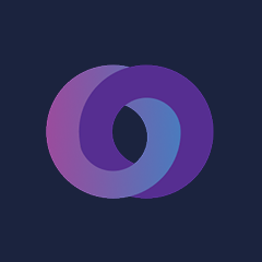 Logotipo abstrato com dois círculos entrelaçados em tons de roxo e azul sobre fundo azul escuro.