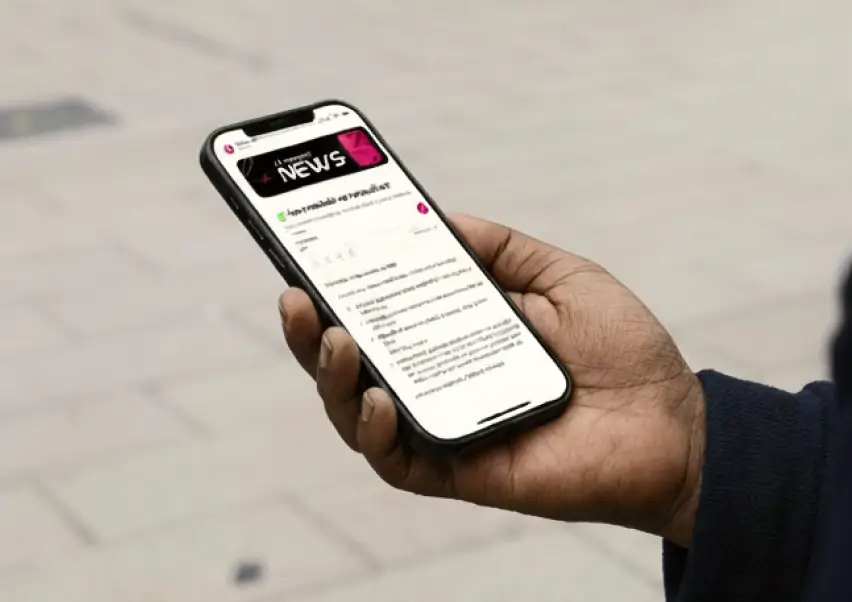 Pessoa segurando um smartphone que exibe uma página de notícias com texto e um cabeçalho preto com a palavra NEWS.