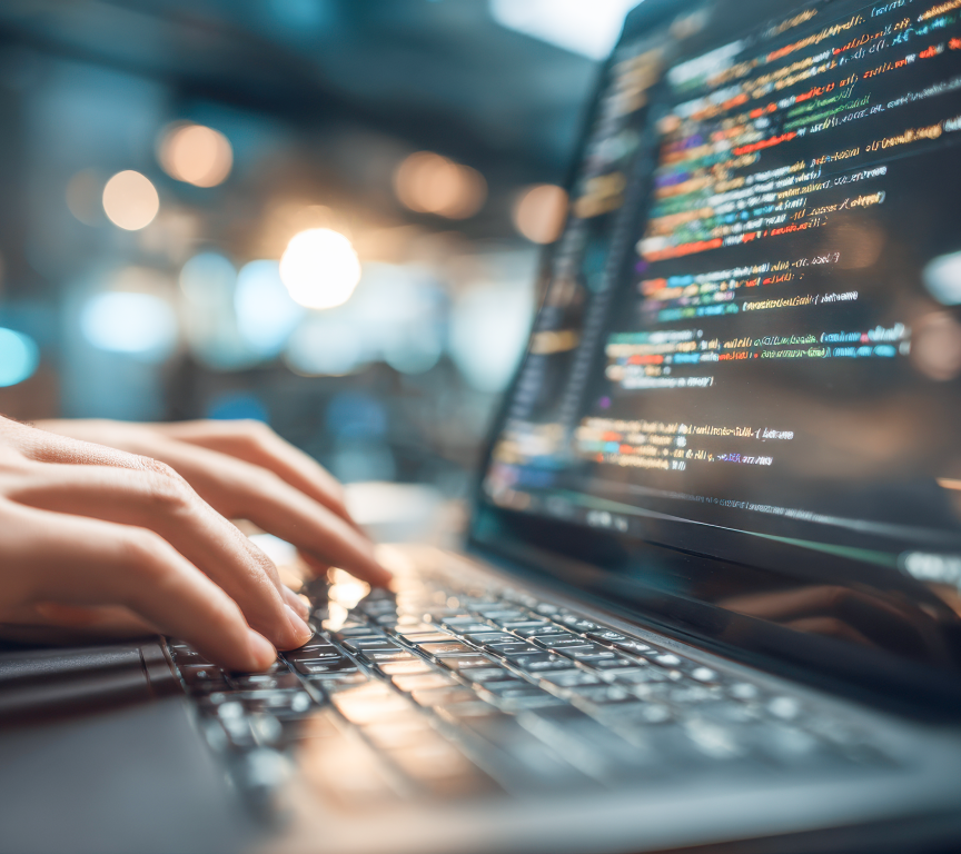 Mãos digitando código colorido na tela de um laptop em ambiente de trabalho moderno com luzes desfocadas ao fundo.