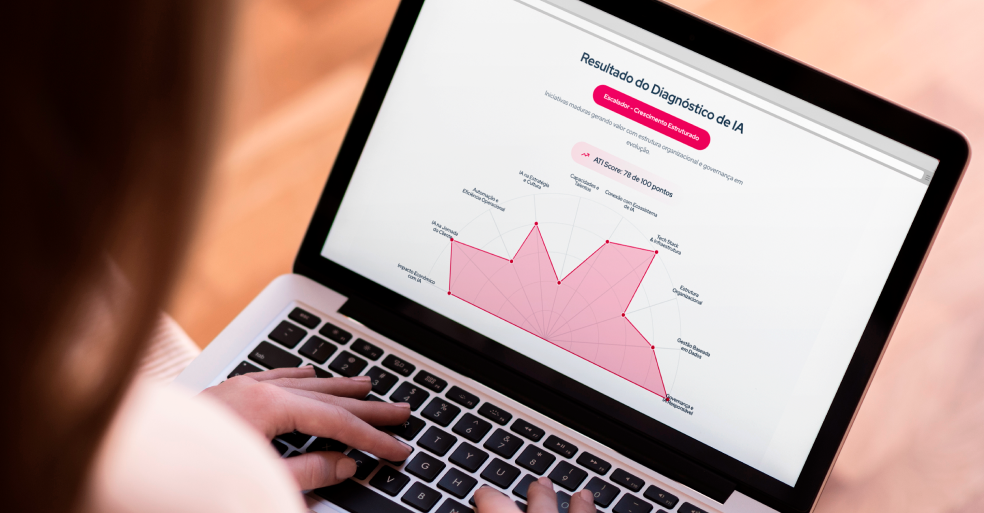 Pessoa usando um laptop que exibe um gráfico radial rosa com resultados do Diagnóstico de IA, destacando pontuação ATI Score: 78 de 100 pontos e áreas como Estratégia, Cultura e Governança.