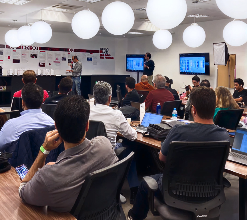 Pessoas em uma sala de reuniões assistindo a apresentação de dois homens com telas exibindo gráficos.