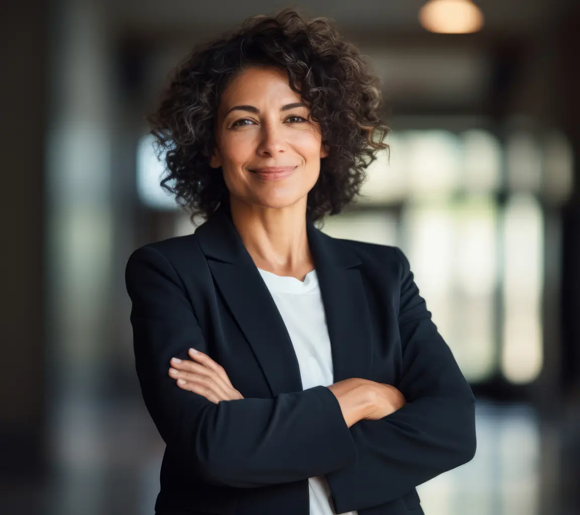 Mulher de cabelos cacheados e curtos sorrindo, vestindo blazer preto e camiseta branca, braços cruzados.