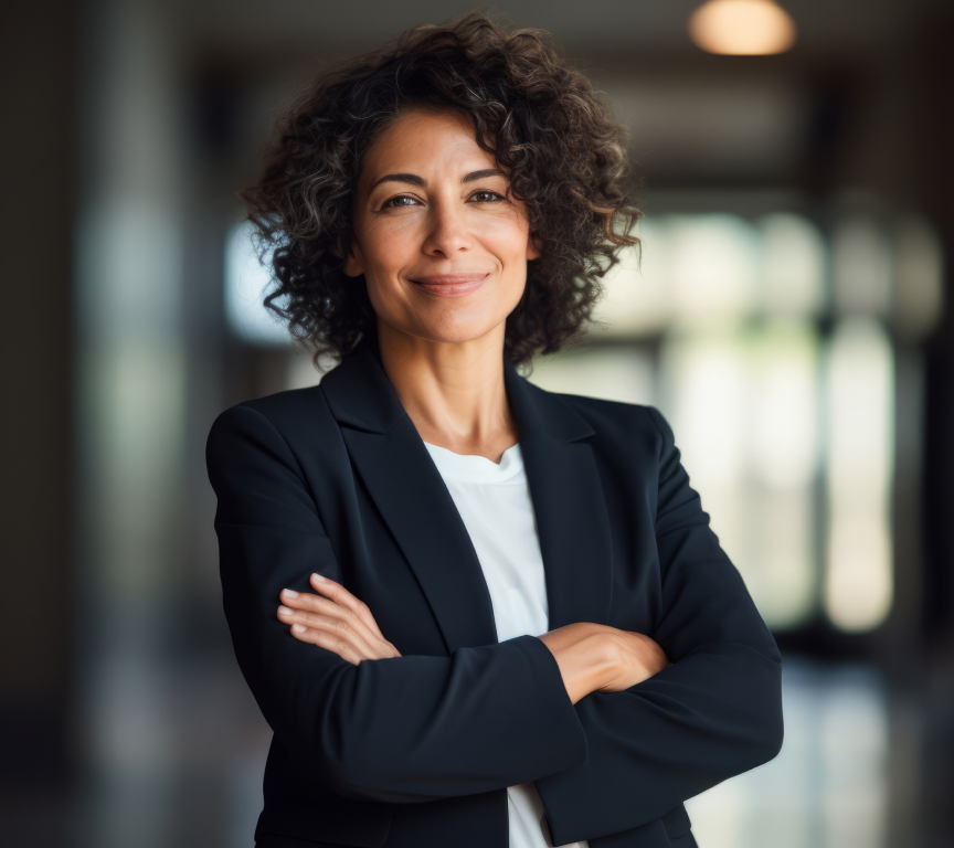 Mulher de cabelos cacheados e curtos sorrindo, vestindo blazer preto e camiseta branca, braços cruzados.