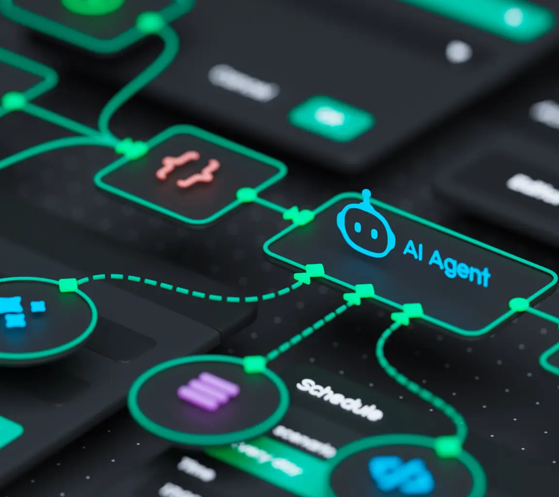 Diagrama digital com fluxo de trabalho mostrando um agente de IA conectado a várias funções como codificação e agendamento.