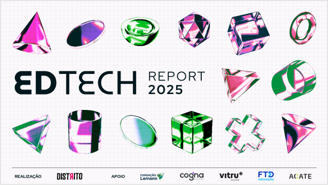 Logo EDTECH Report 2025 with 3D geometric shapes in pink, green, and purple above and below the text, and sponsor logos at the bottom on a dotted background.