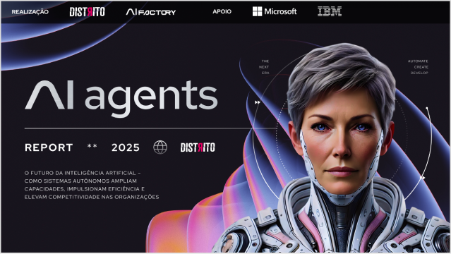 Imagem promocional de AI agents mostrando rosto feminino androide realista ao lado de texto sobre relatório de 2025 e logotipos de apoio, incluindo Microsoft e IBM.
