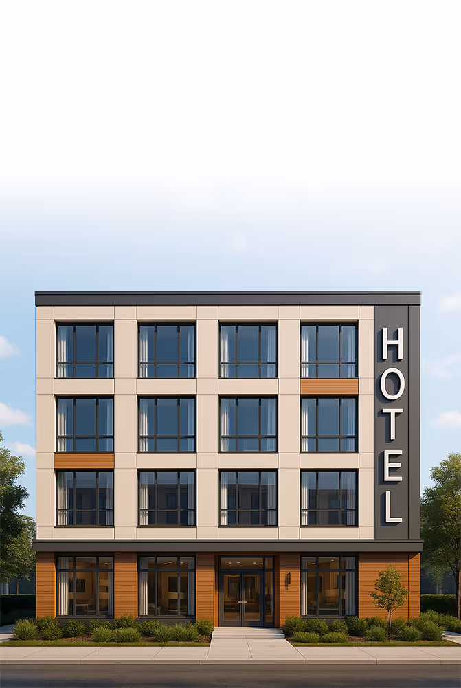 Modern hotel exterior with large windows, wooden accents, and a prominent sign reading "HOTEL." Lush greenery frames the entrance.