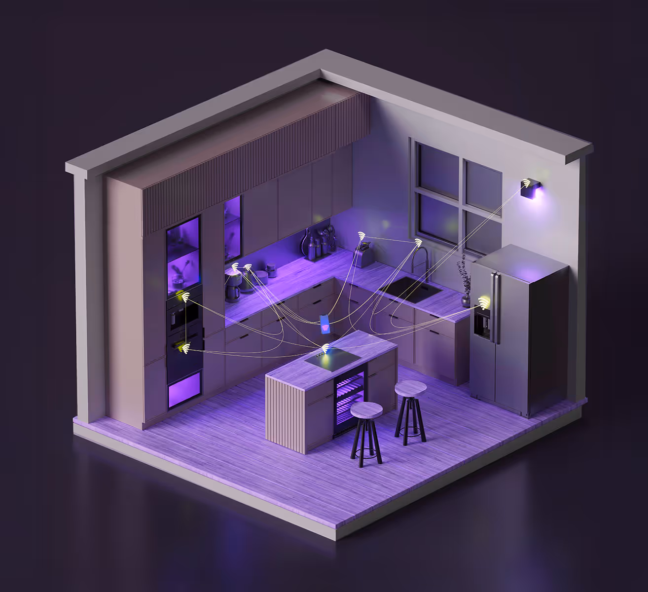 Une scène de cuisine moderne avec un éclairage violet, comprenant un îlot, des tabourets, un réfrigérateur et des appareils connectés.
