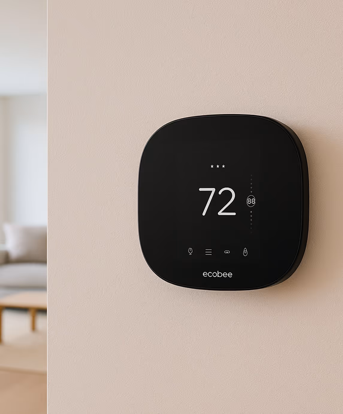 Thermostat intelligent fixé au mur beige, affichant une température de 22 °C. Design moderne avec commandes tactiles.