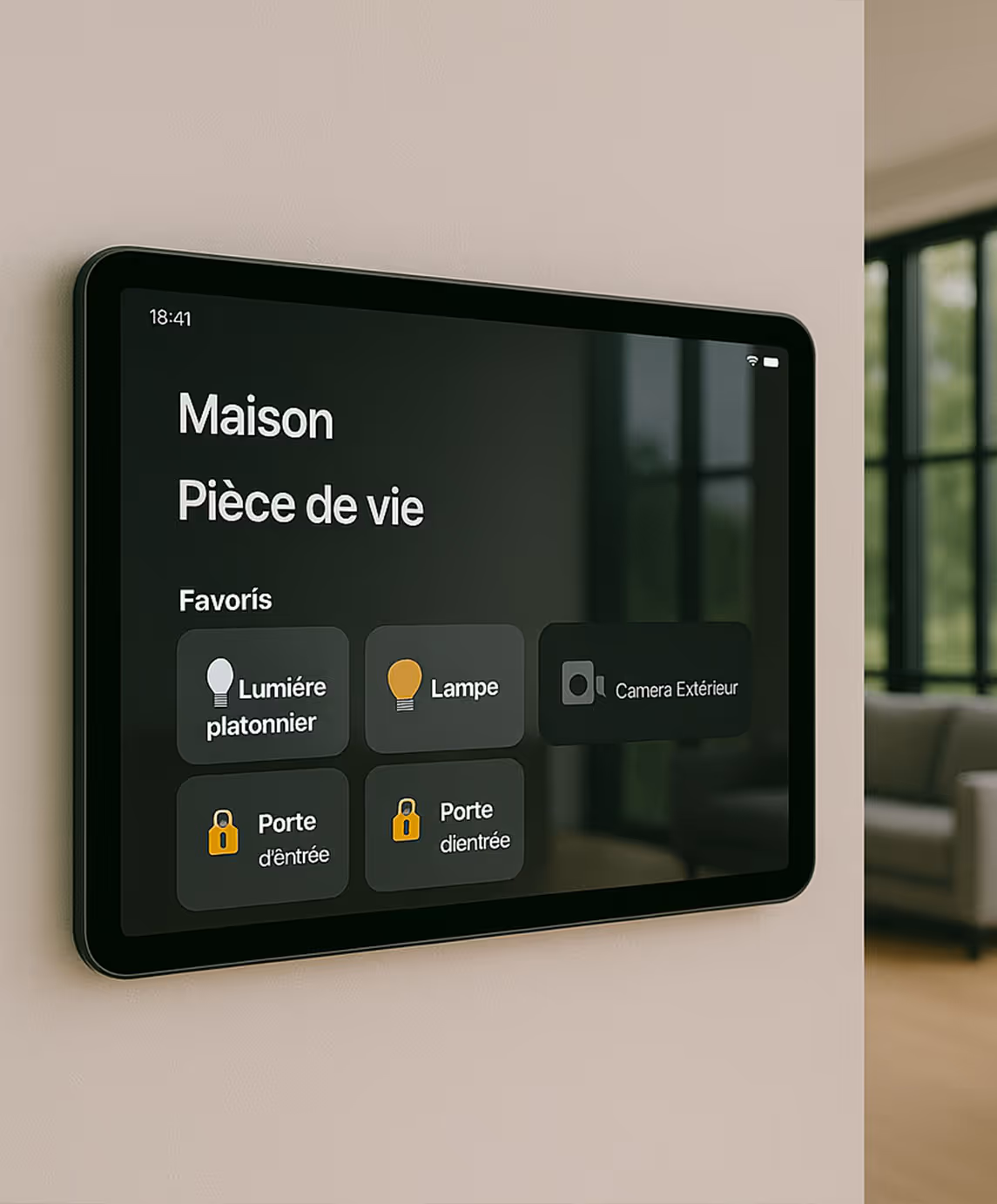 Panneau de contrôle pour maison connectée affichant les options d'éclairage et de sécurité des portes. Parmi les fonctionnalités, on trouve « Lumière » et « Caméra extérieure ».