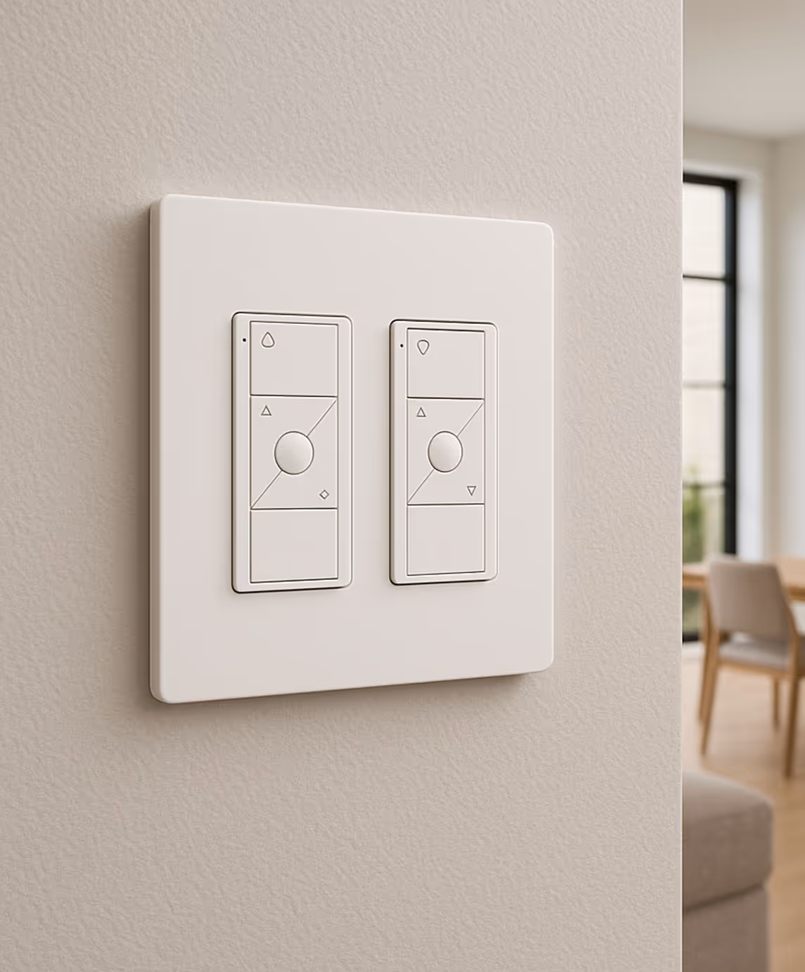Panneau d'interrupteurs moderne avec deux commandes sur un mur beige clair, présentant des motifs géométriques et un style minimaliste.