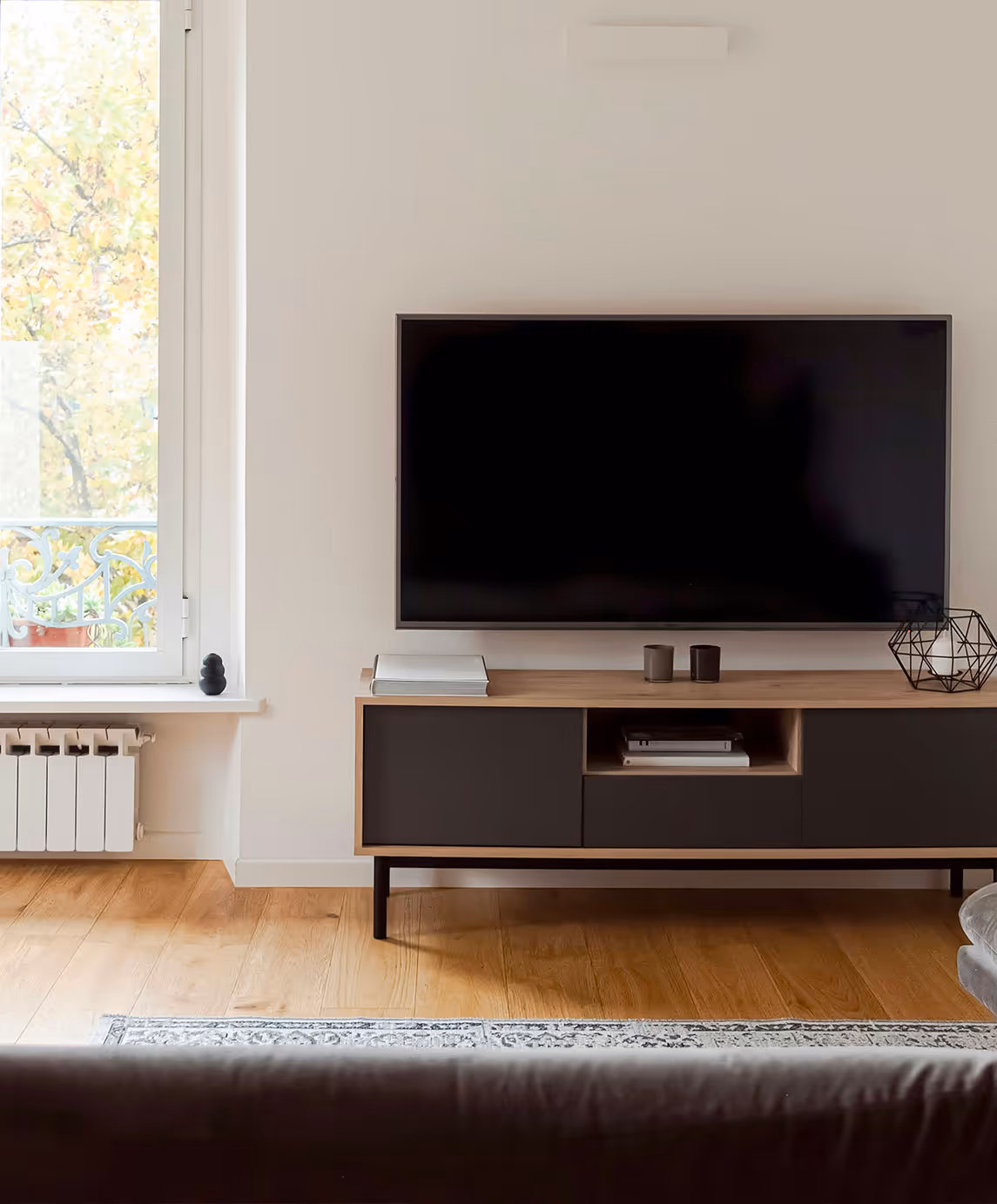 Un salon moderne avec une télévision sur un support en bois, une fenêtre avec vue sur l'automne et un tapis douillet sur un parquet.