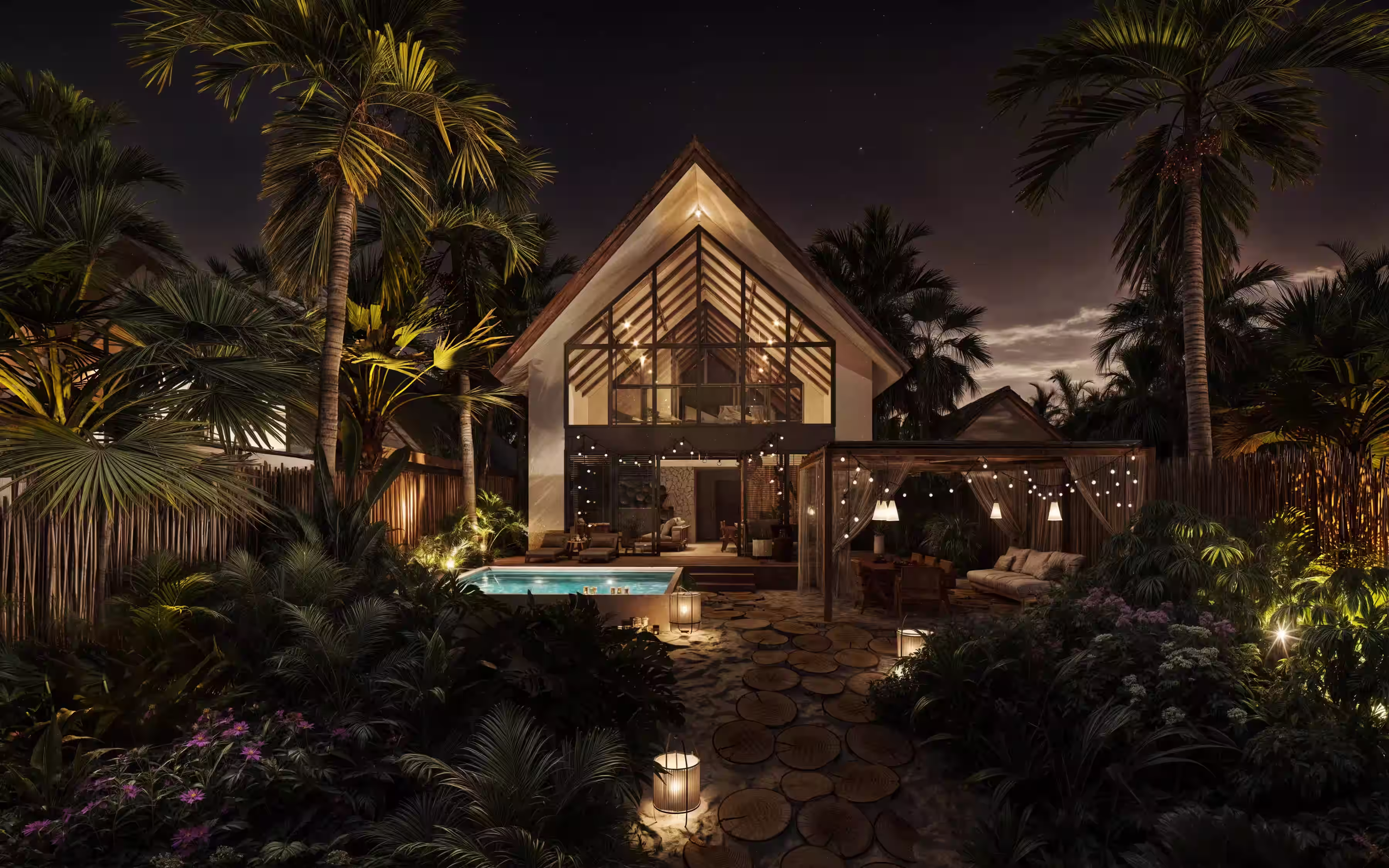a photo of a vila at night. showing bright lights and a sky full of stars
