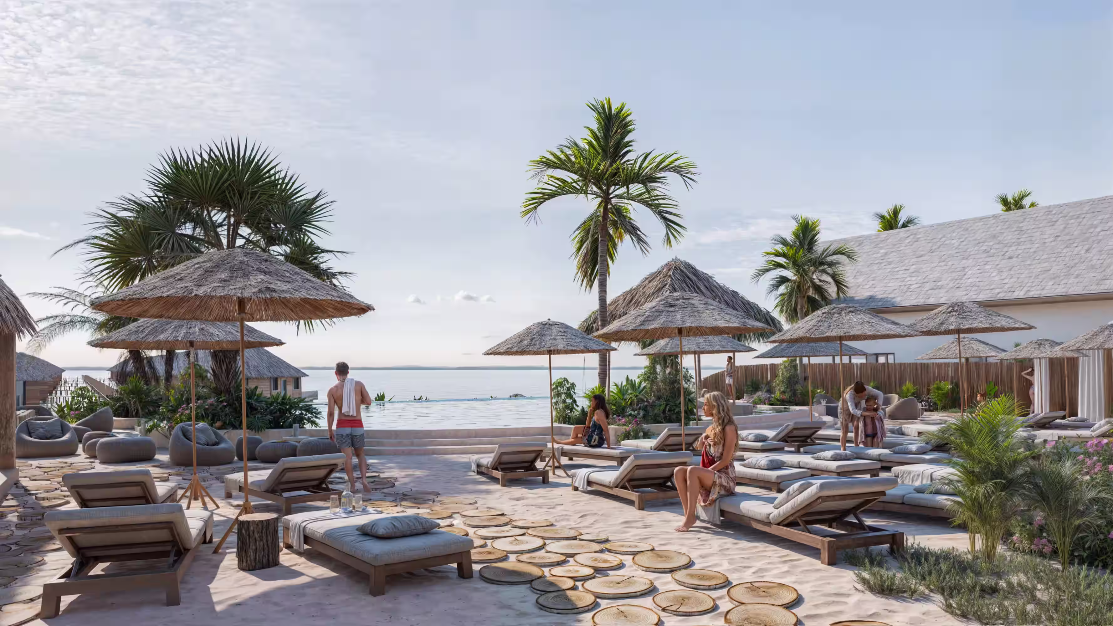 common pool are with sun-beds and showers