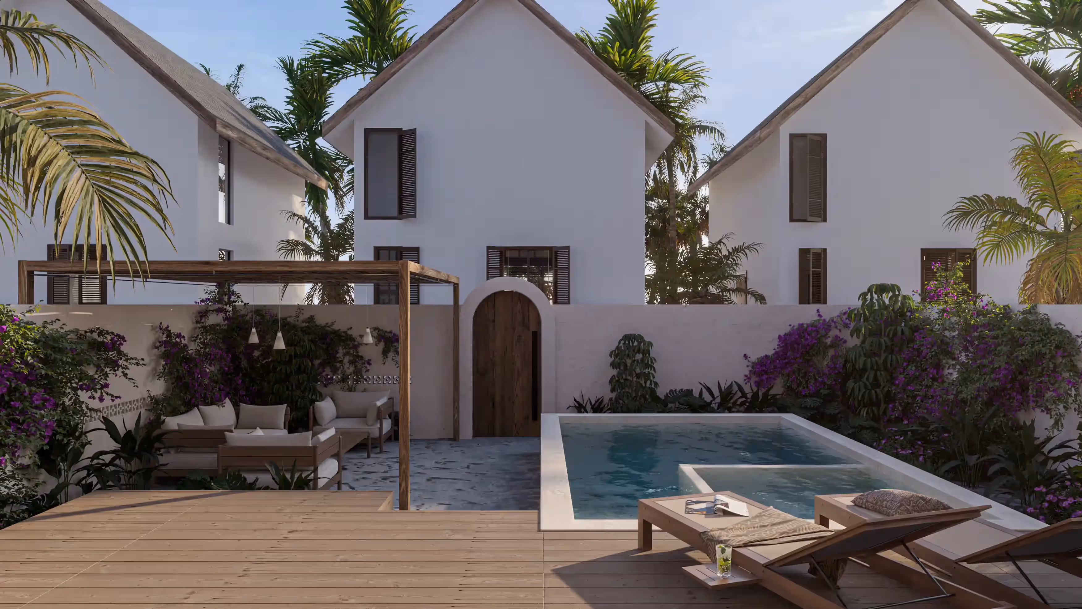 Modern backyard with pool, wooden deck, lounge chairs, cozy seating area, and white houses with shutters.