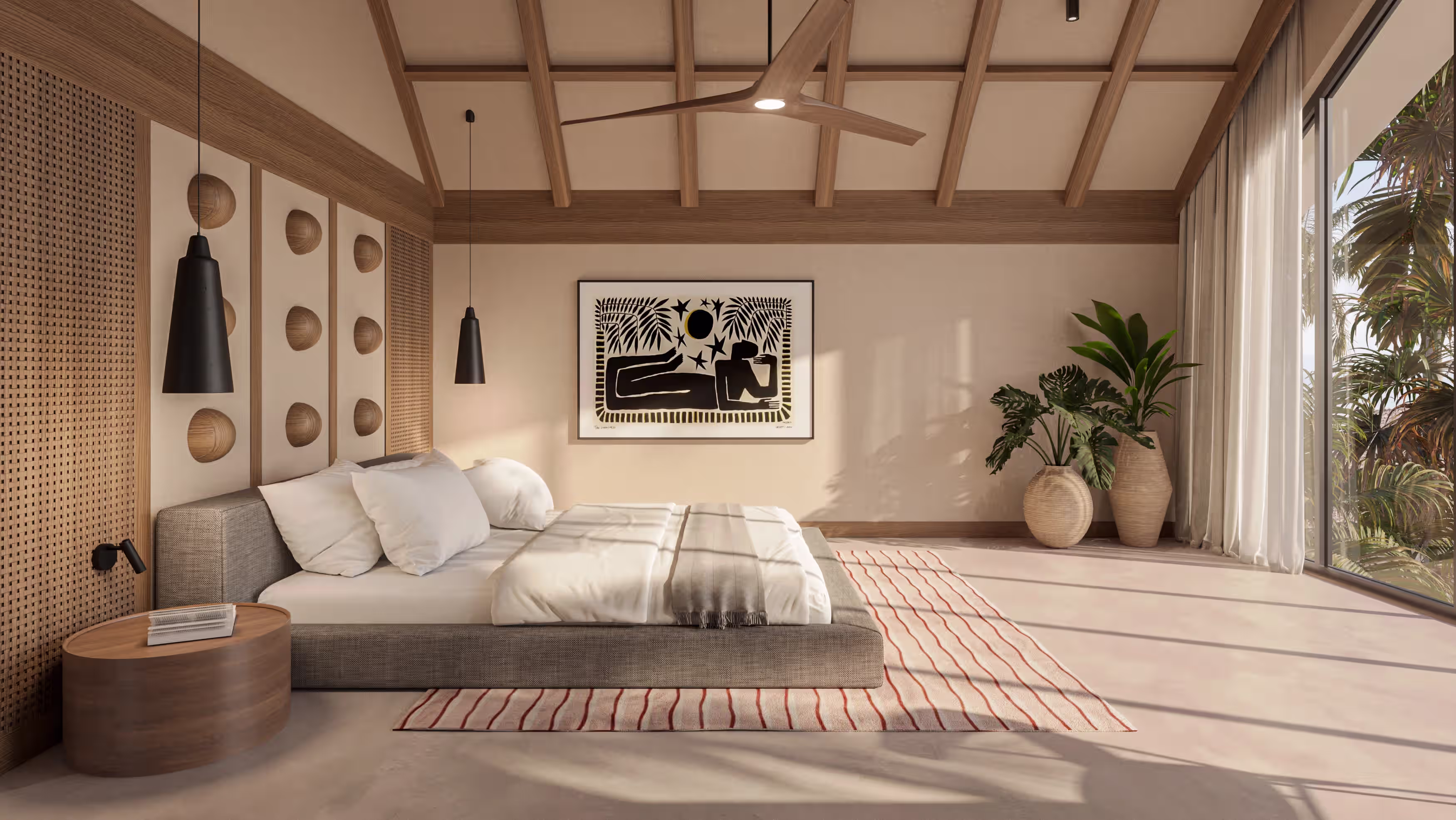 Villa bedroom with pitched timber ceiling, framed artwork and full-height curtains onto the terrace
