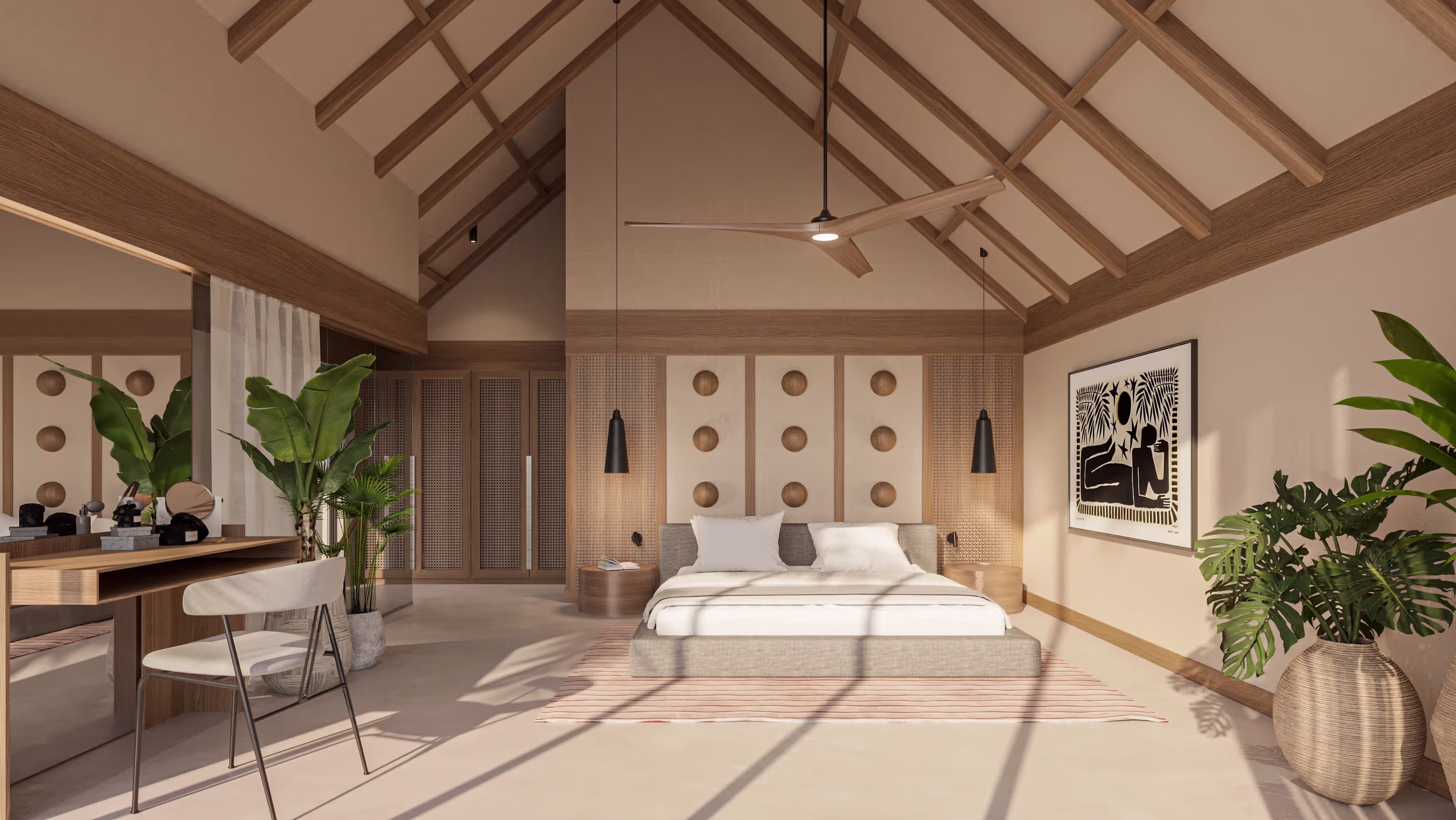 Modern bedroom with high ceiling, bed, hanging lights, plants, desk, and abstract wall art.