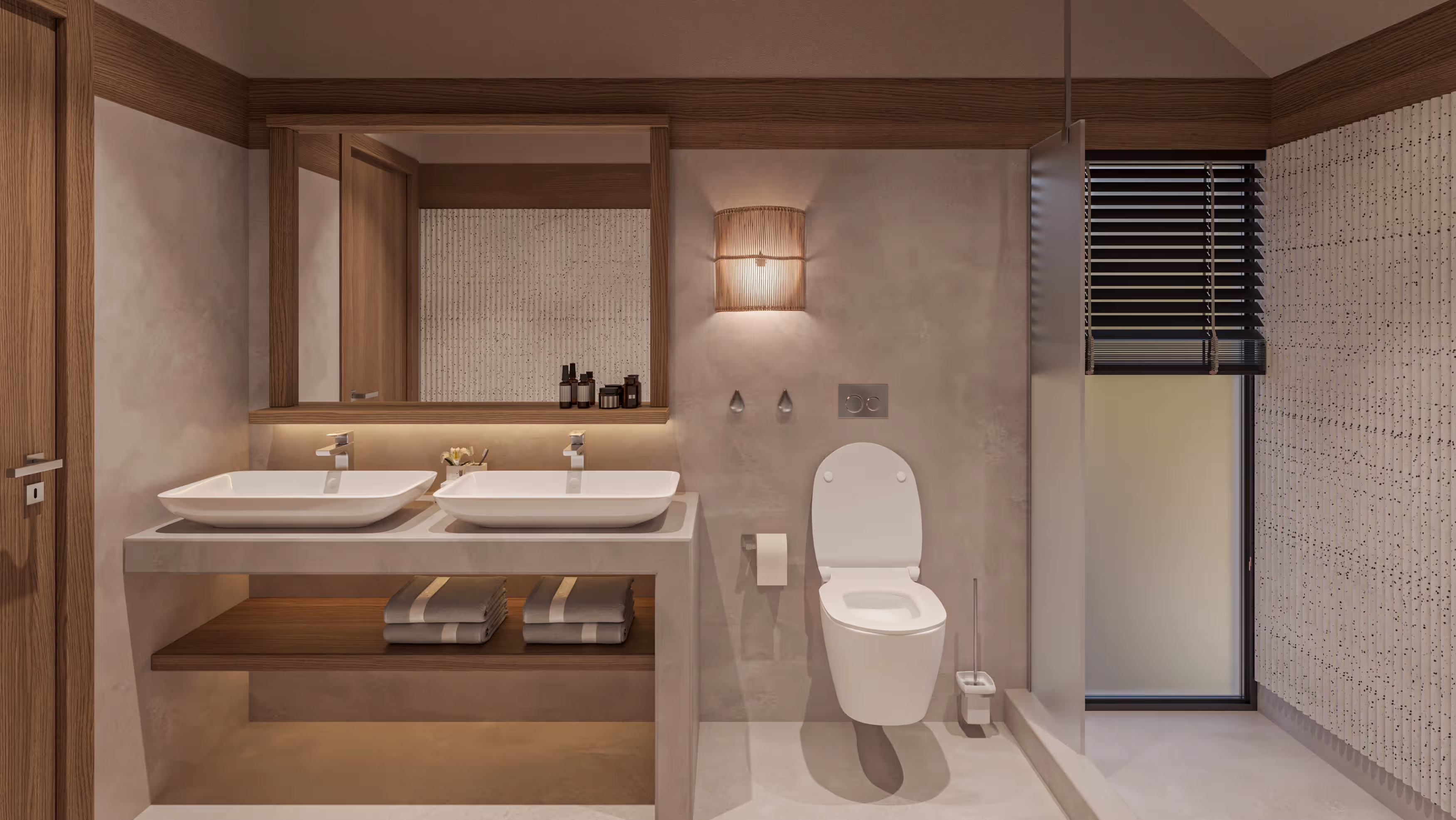 Modern bathroom with double sinks, wall-mounted toilet, wooden accents, a shower, and a large mirror.
