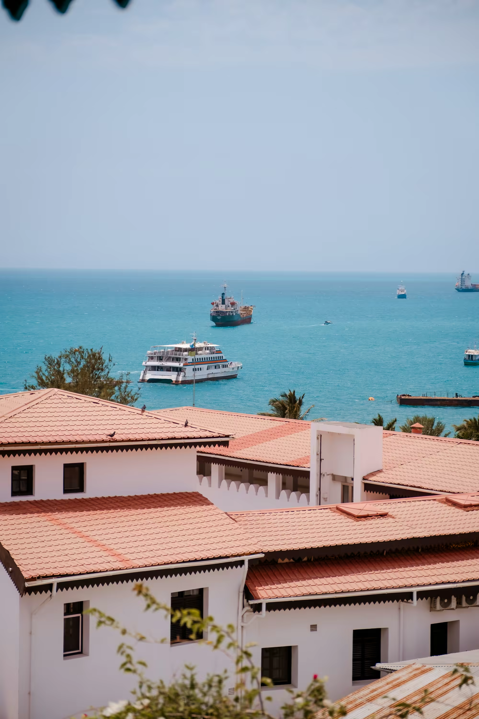 White buildings with red-tiled roofs overlooking blue ocean with several boats and ships.