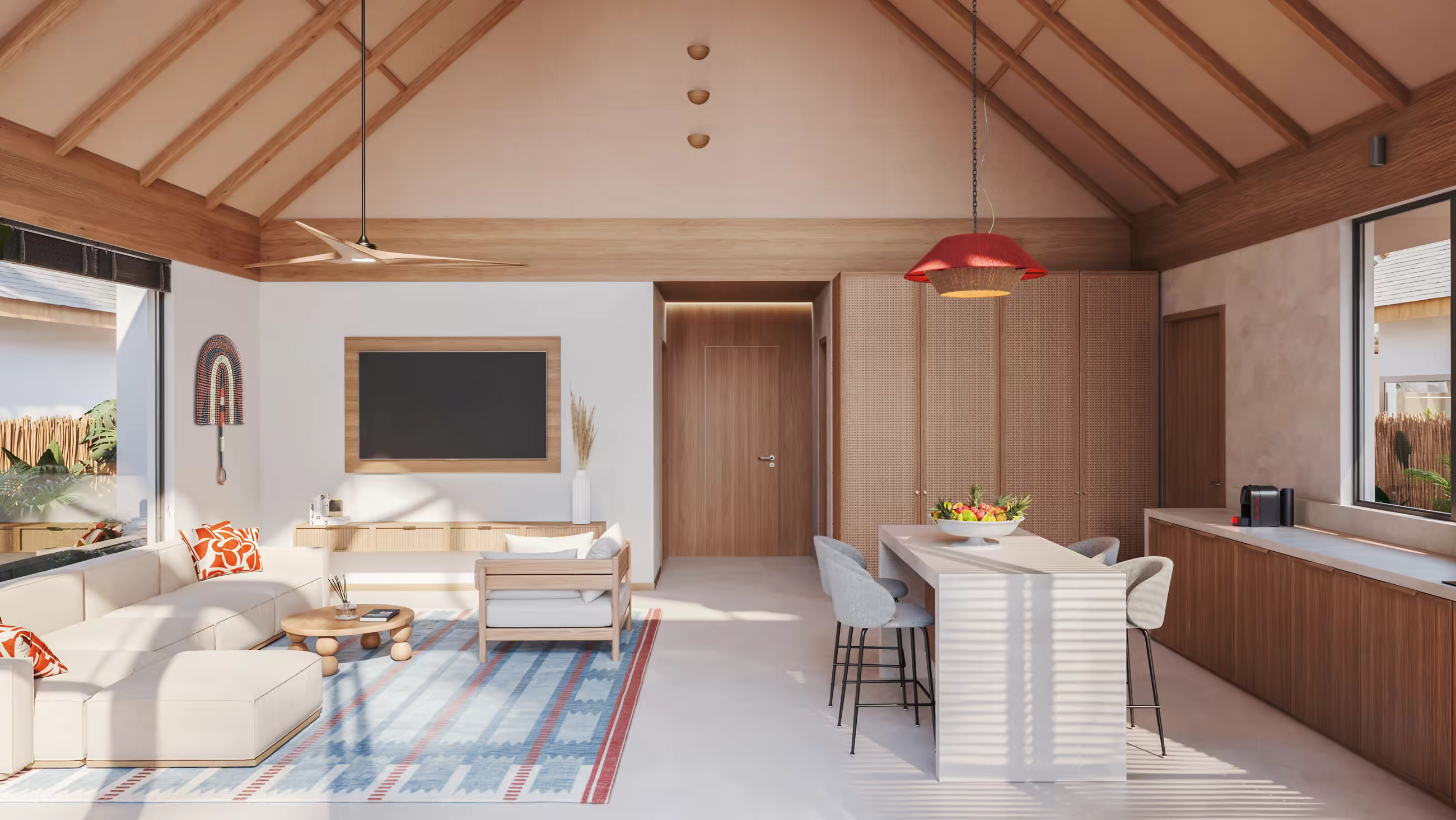 Modern living room with beige sectional sofa, wooden ceiling, dining island, and large windows.
