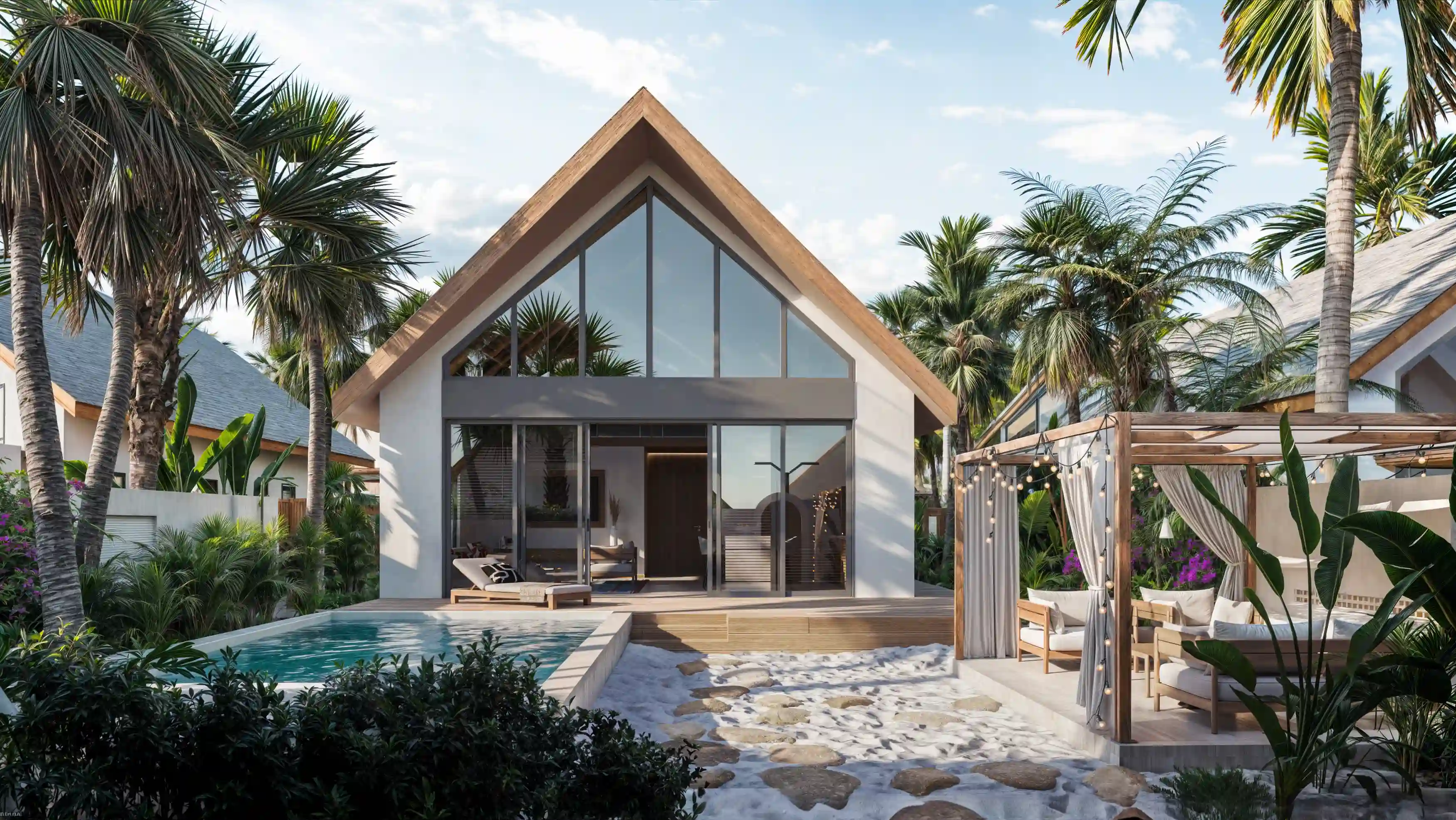 Modern villa with large glass windows, pool, sandy pathway with stones, and outdoor seating area under wooden pergola.