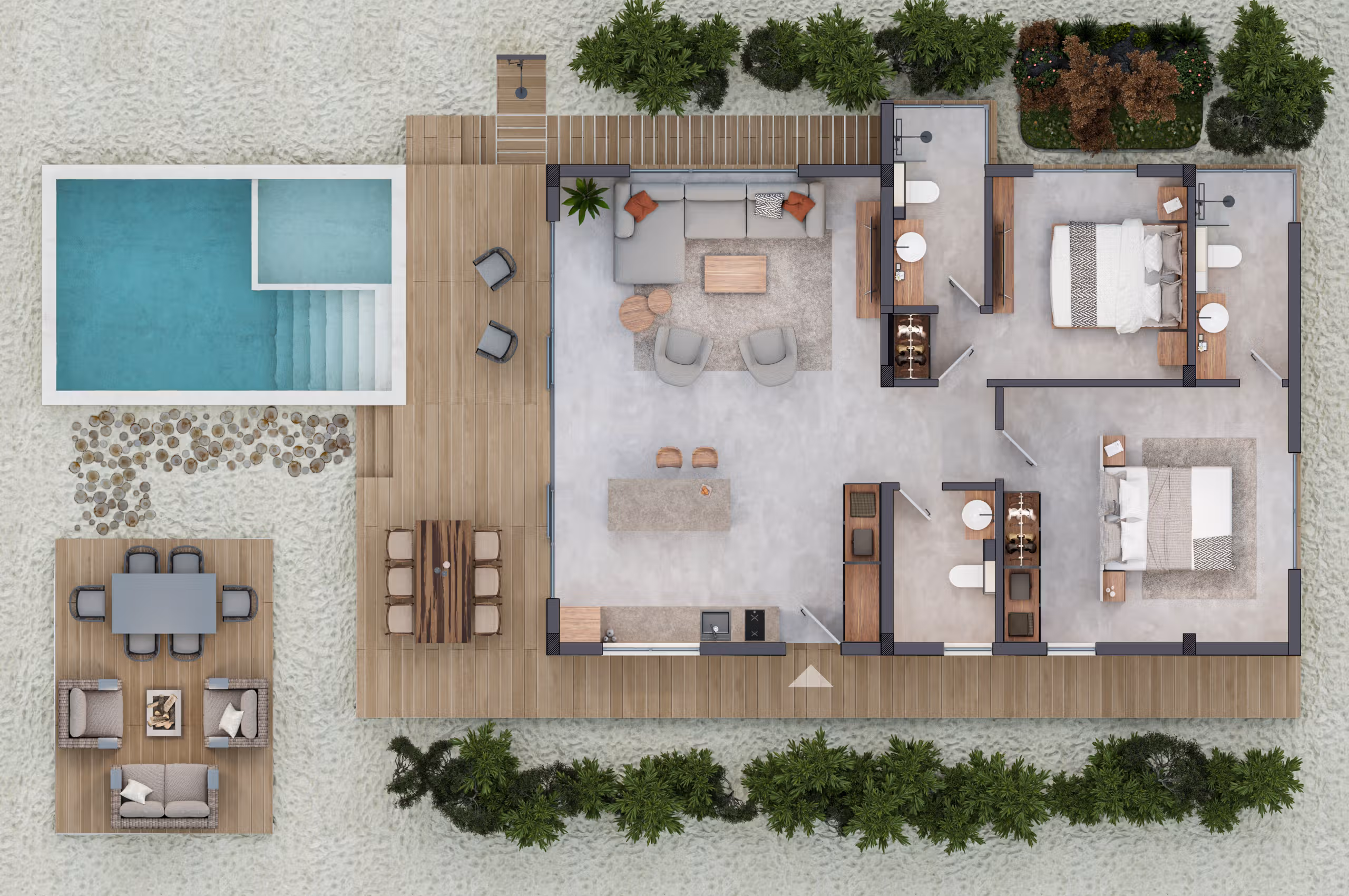 Top-down view of a bungalow floor plan with two bedrooms, living room, kitchen, pool, and outdoor seating.