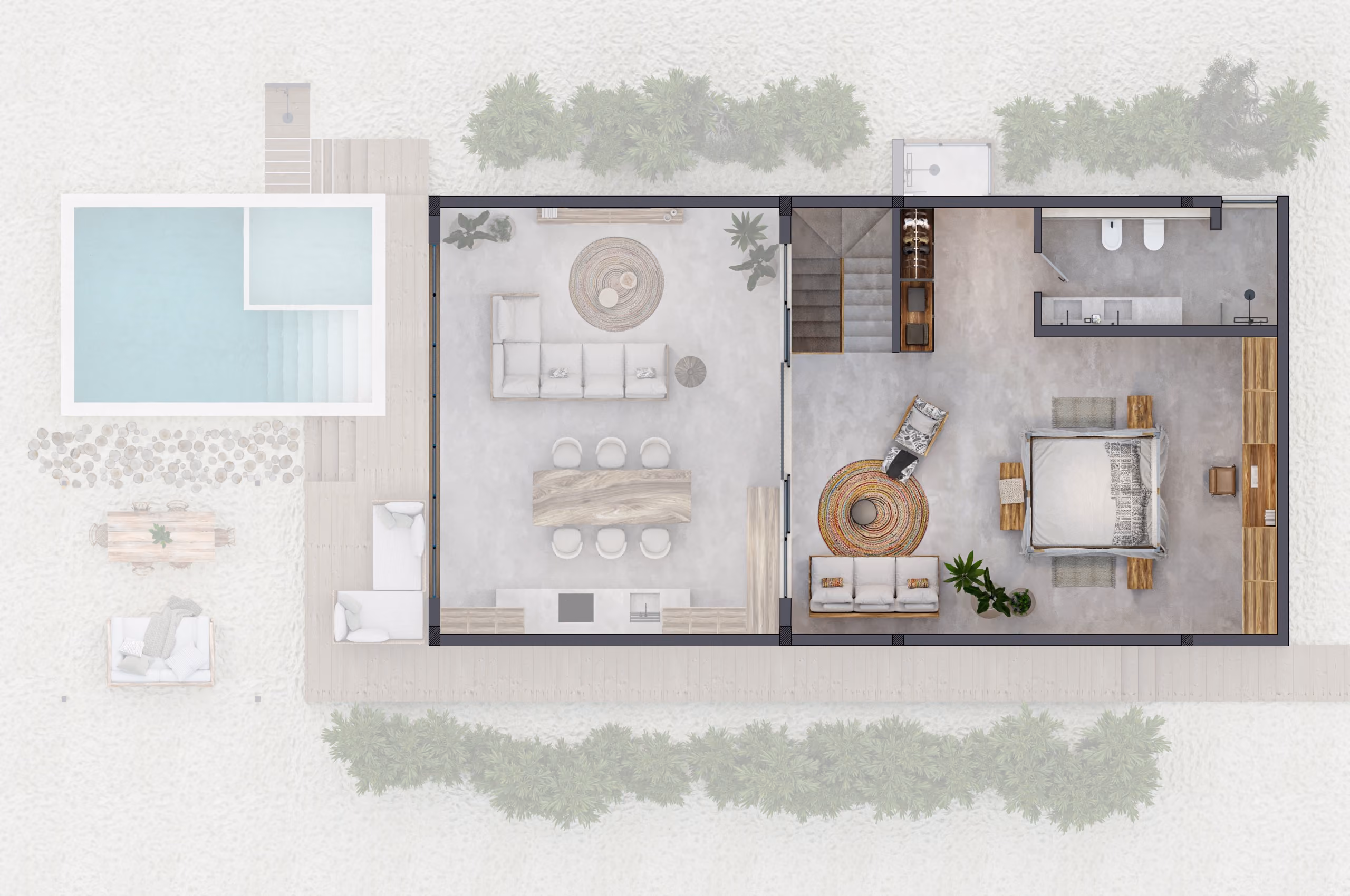 Top view of a villa floor plan with living area, dining table, bedroom, bathroom, stairs, and outdoor pool.