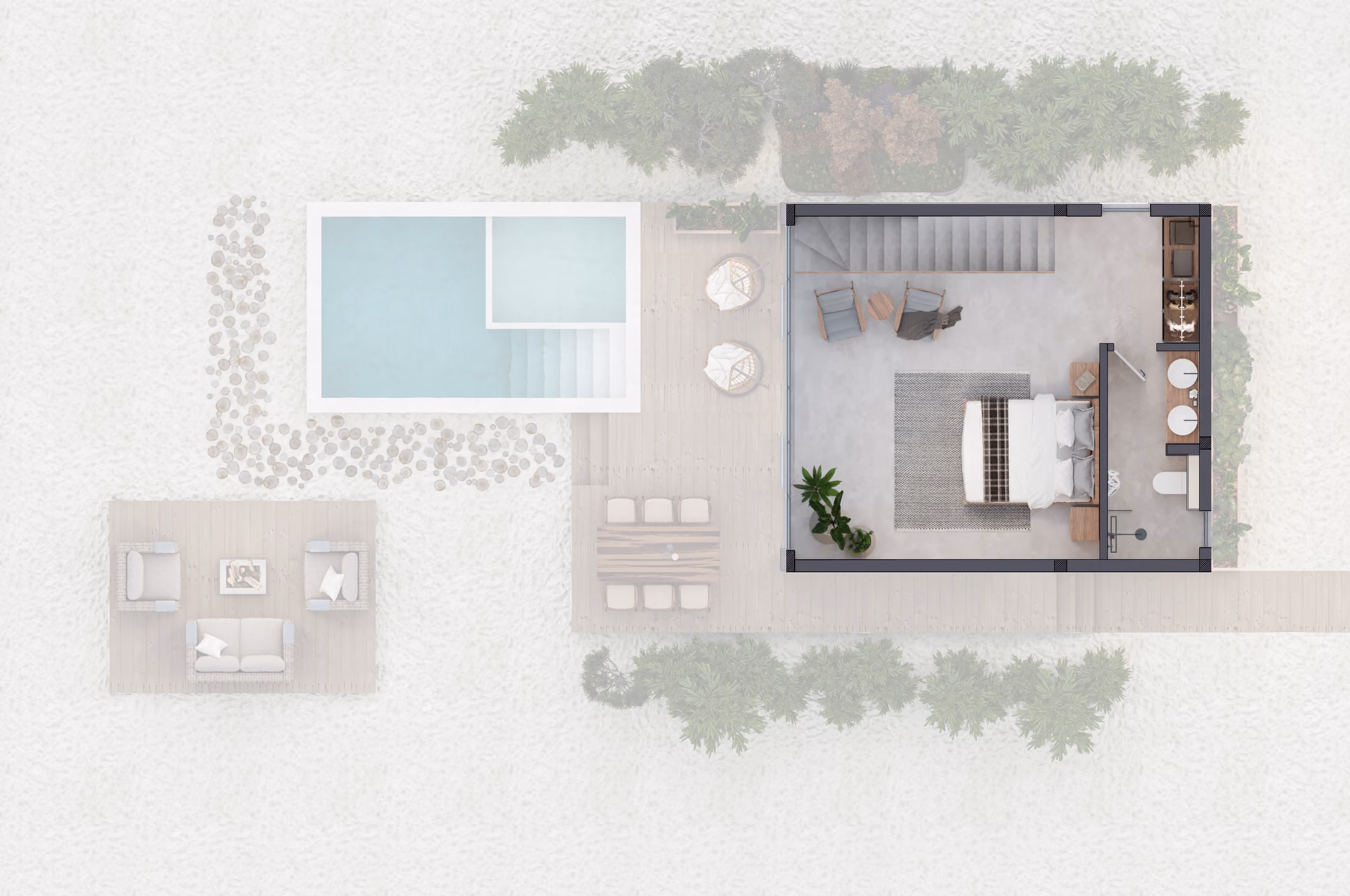 Top view floor plan of a villa showing bedroom, bathroom, pool, outdoor dining, and lounge area.