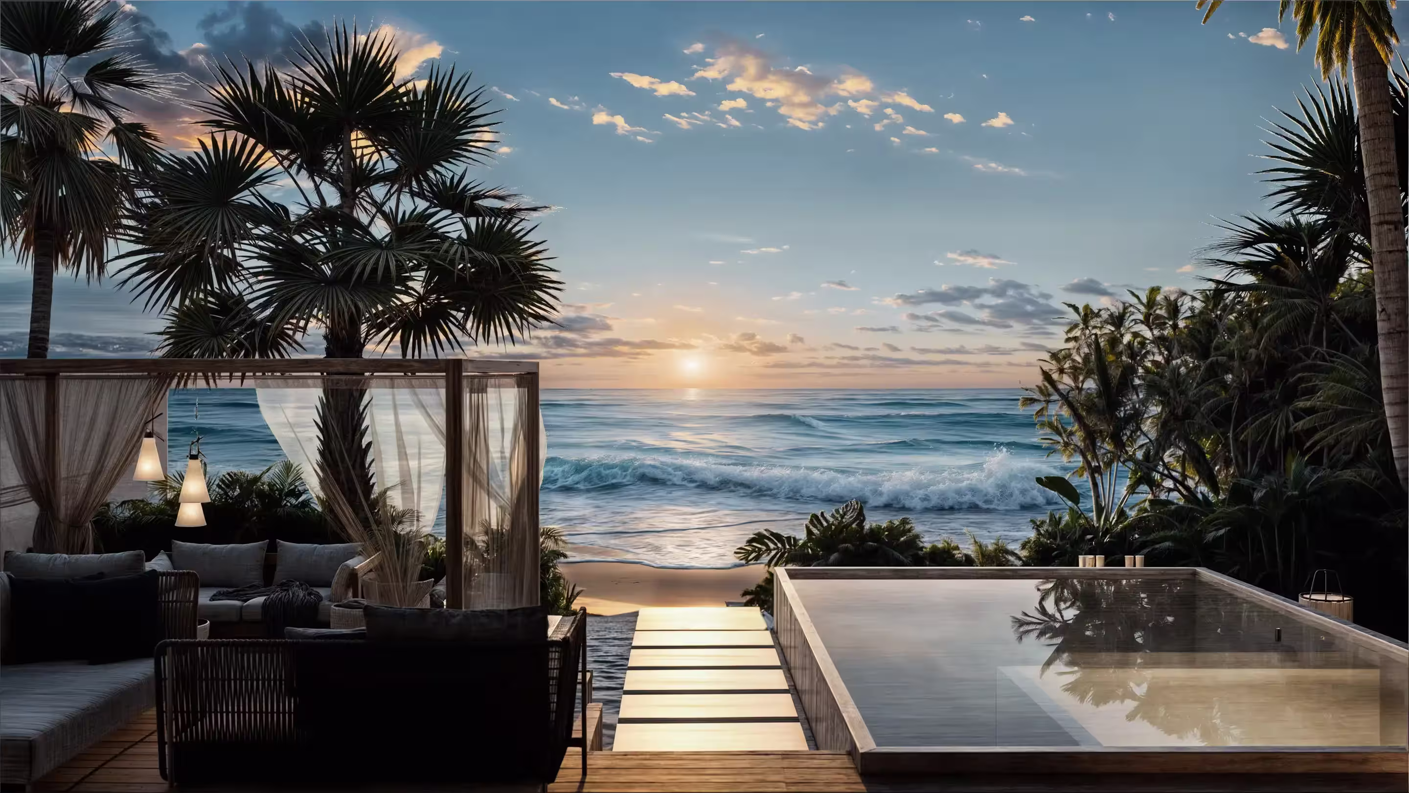 Oceanfront villa patio with seating, pool, palm trees, and a sunset over waves on the beach.