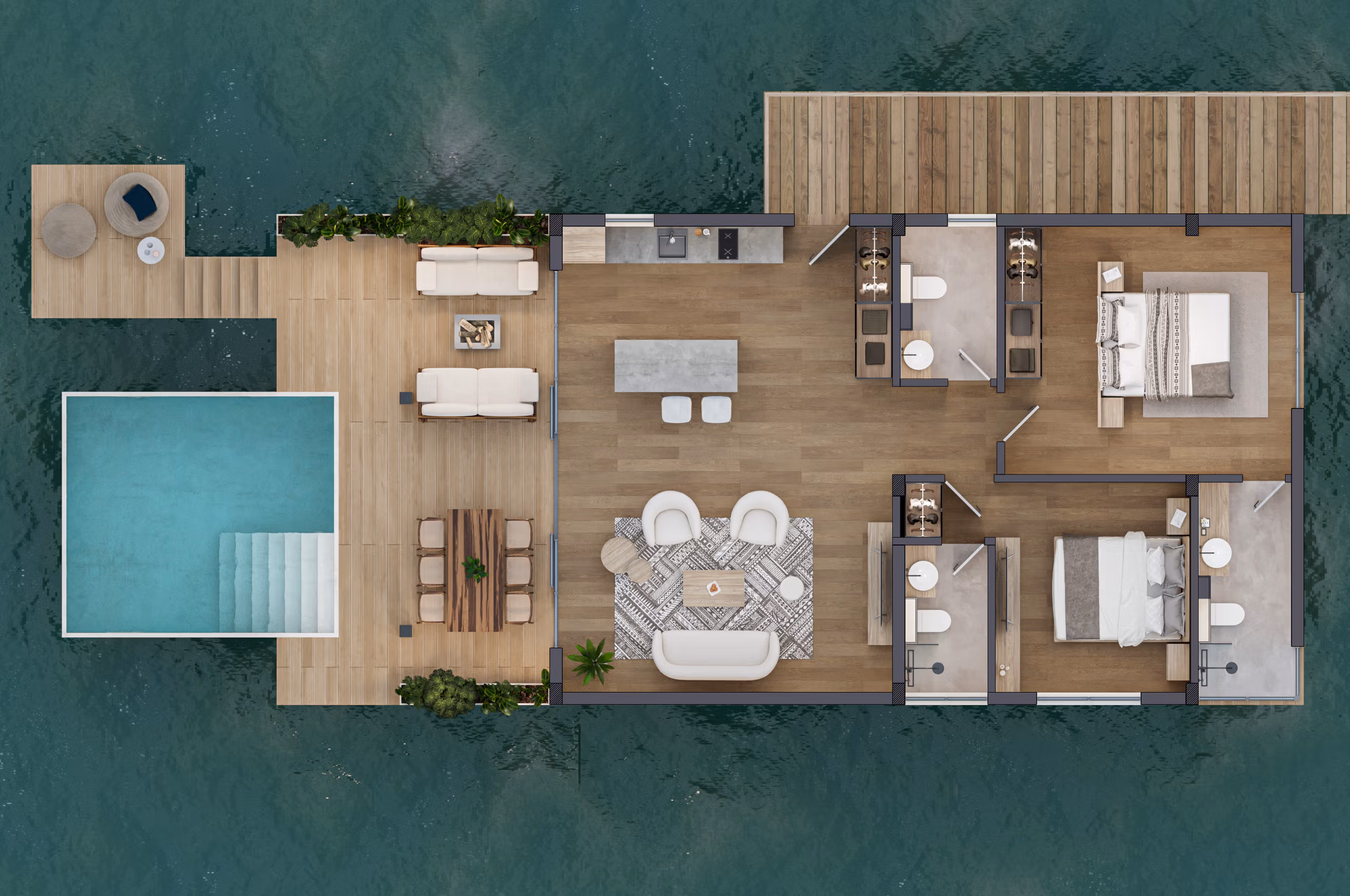 Top-down view of water bungalow floor plan with pool, patio, living area, kitchen, two bedrooms, and bathrooms.