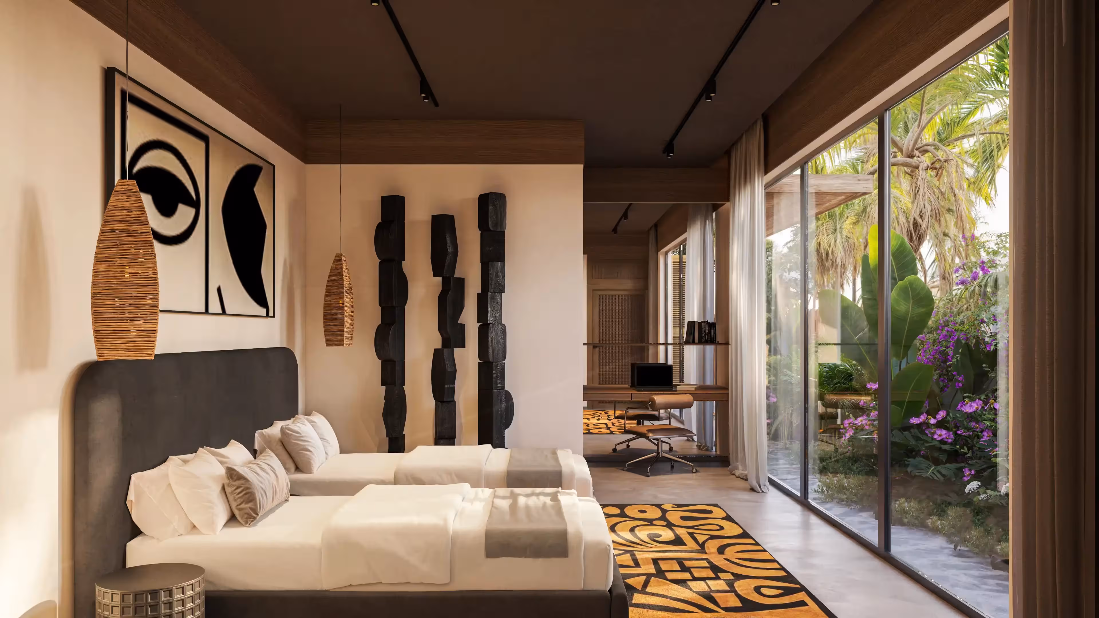 Modern bedroom with two beds, patterned rug, unique wall art, pendant lights, and large glass window showing plants.