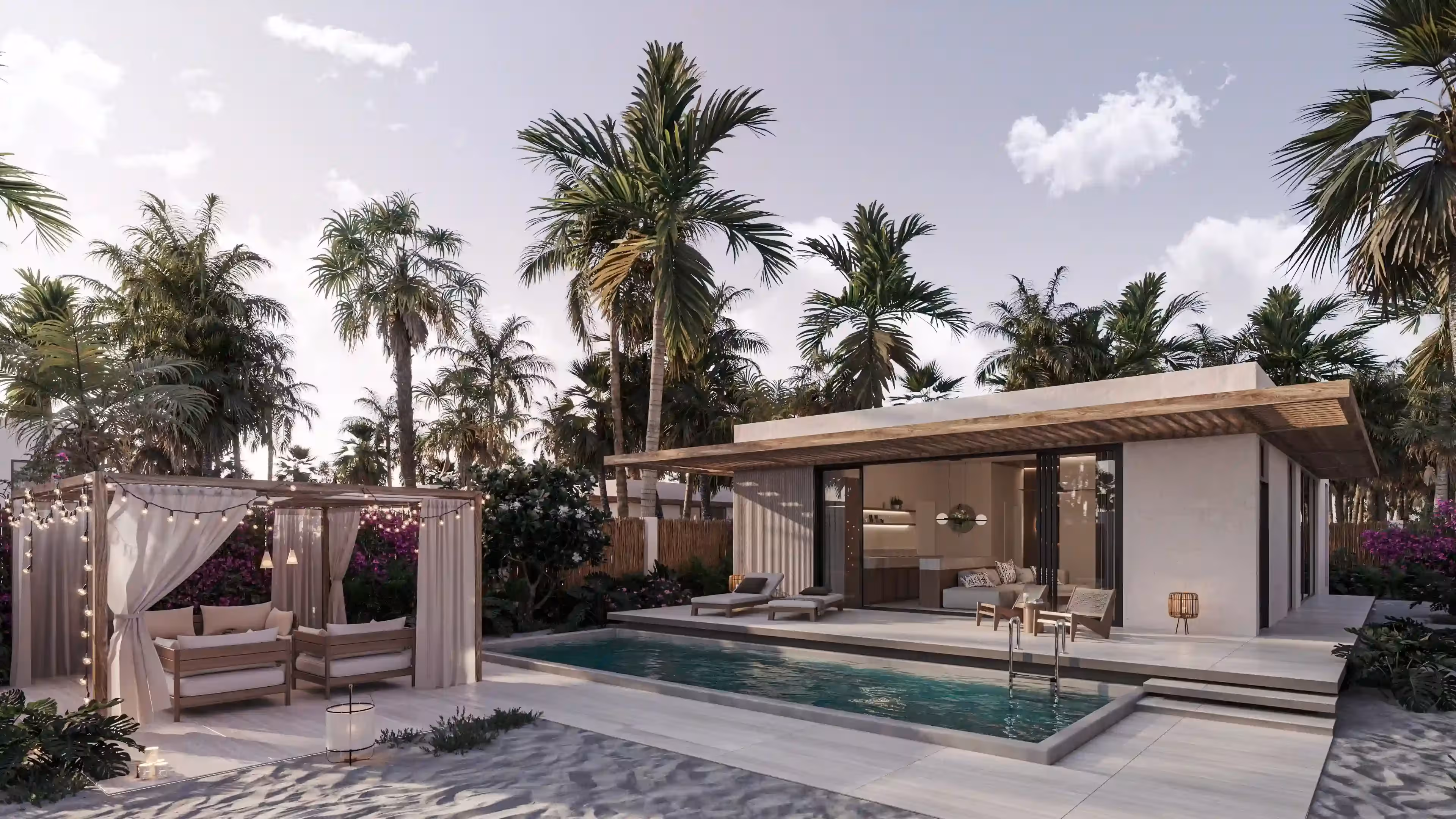 Modern villa with a pool, lounge chairs, and a curtain-draped outdoor seating area surrounded by palm trees.