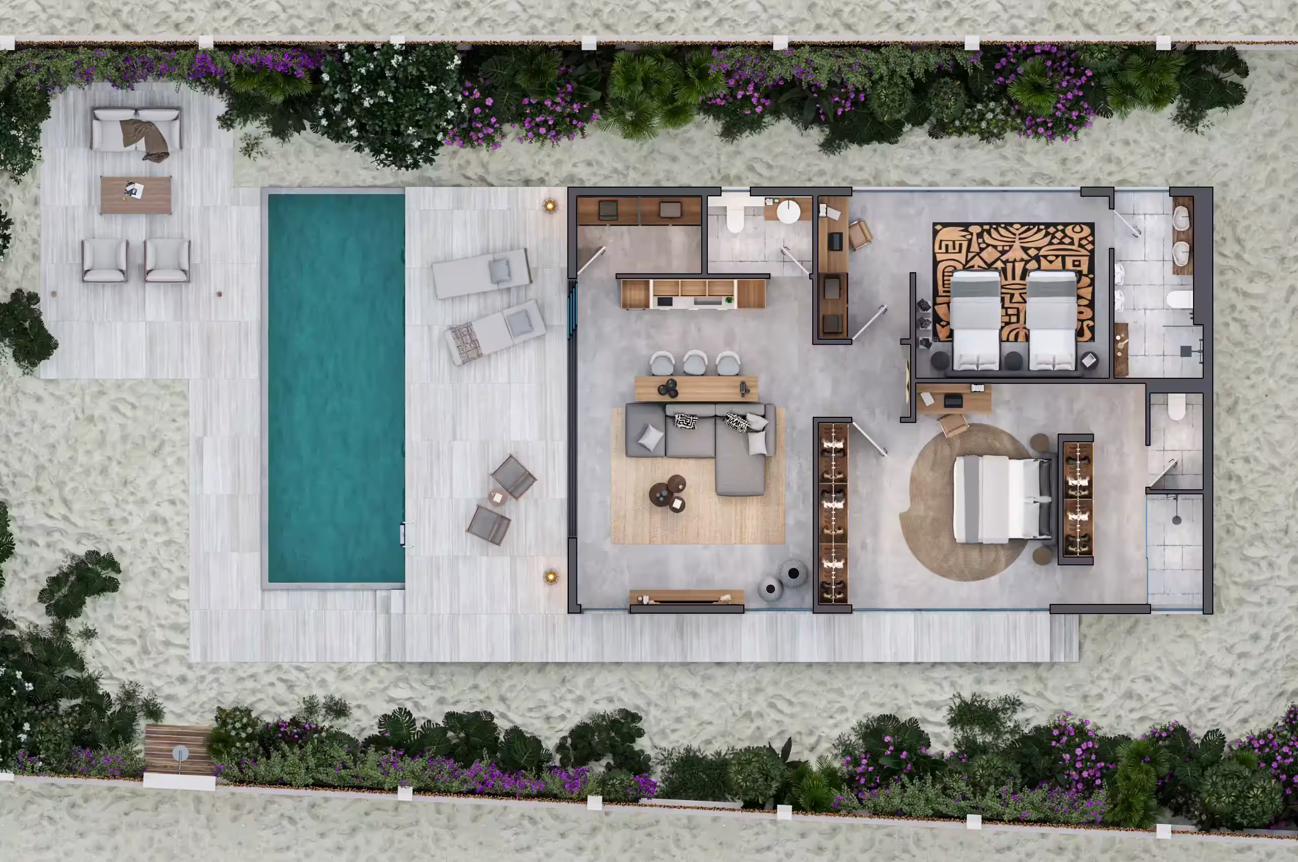Top view floor plan of villa with pool, outdoor seating, living area, kitchen, two bedrooms, and bathrooms.