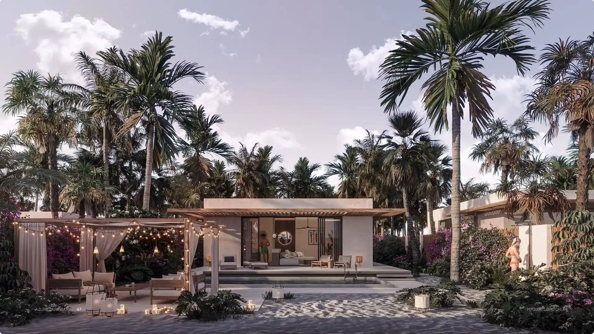 Modern villa with pool, outdoor seating under string lights, tropical plants, and palm trees at dusk.
