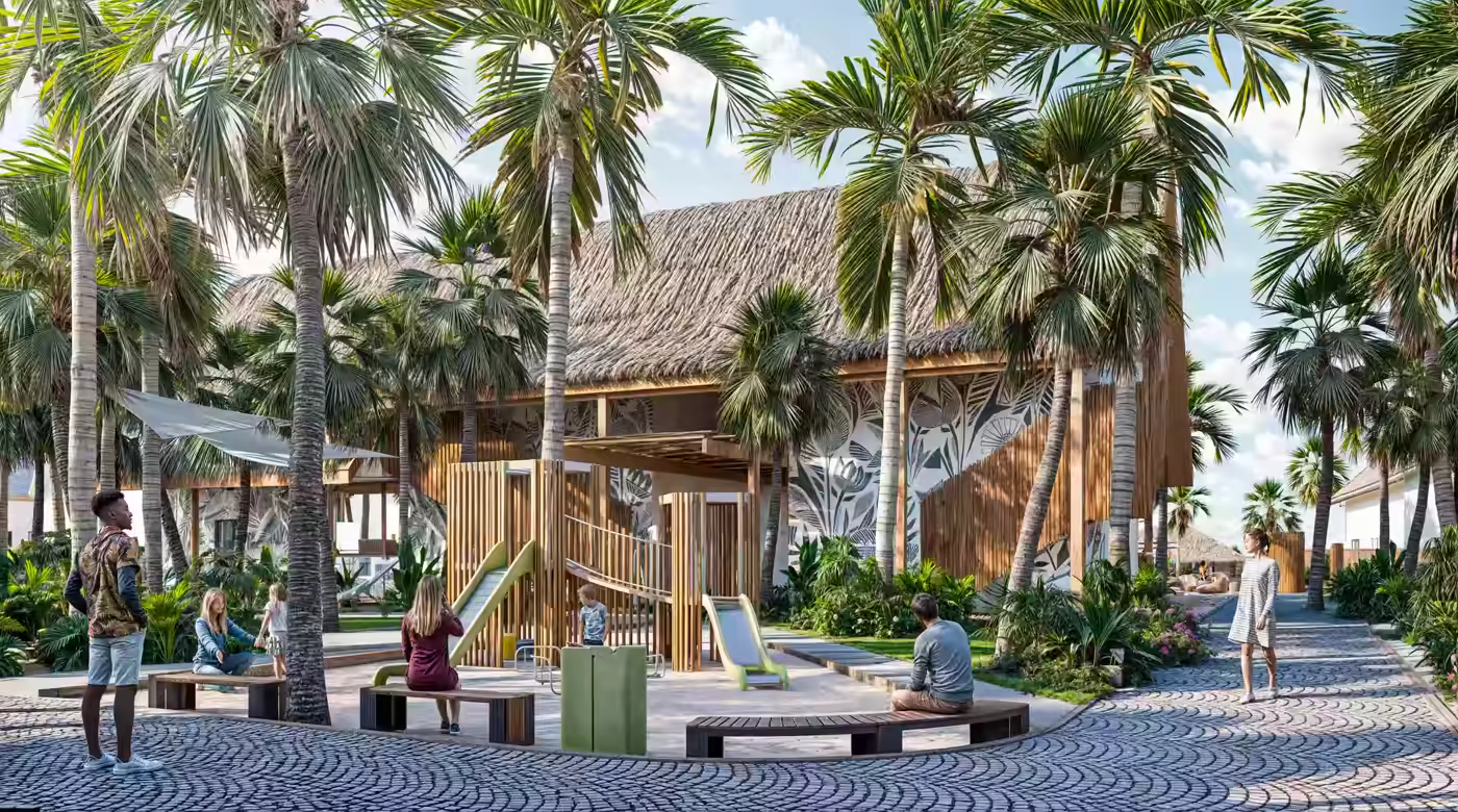 Modern residence building surrounded by palm trees and lush greenery with a central water fountain in front.