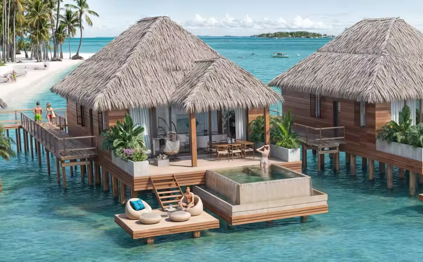 Modern villa with triangular roof, large glass windows, a pool, sandy garden path, and a wooden pergola with outdoor seating surrounded by palm trees.