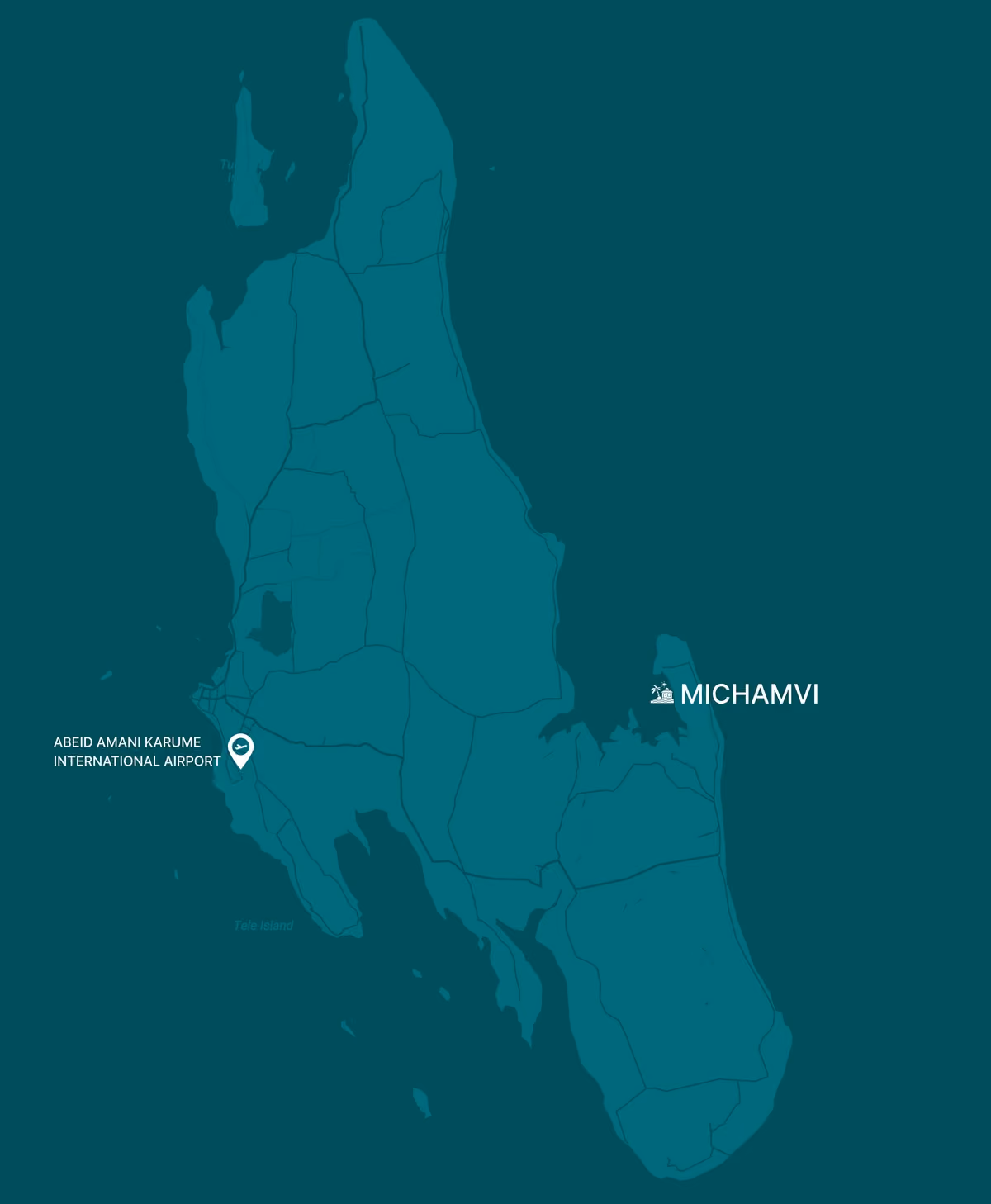 Map of Zanzibar showing AZURE Michamvi at Sunset Bay and Zanzibar International Airport