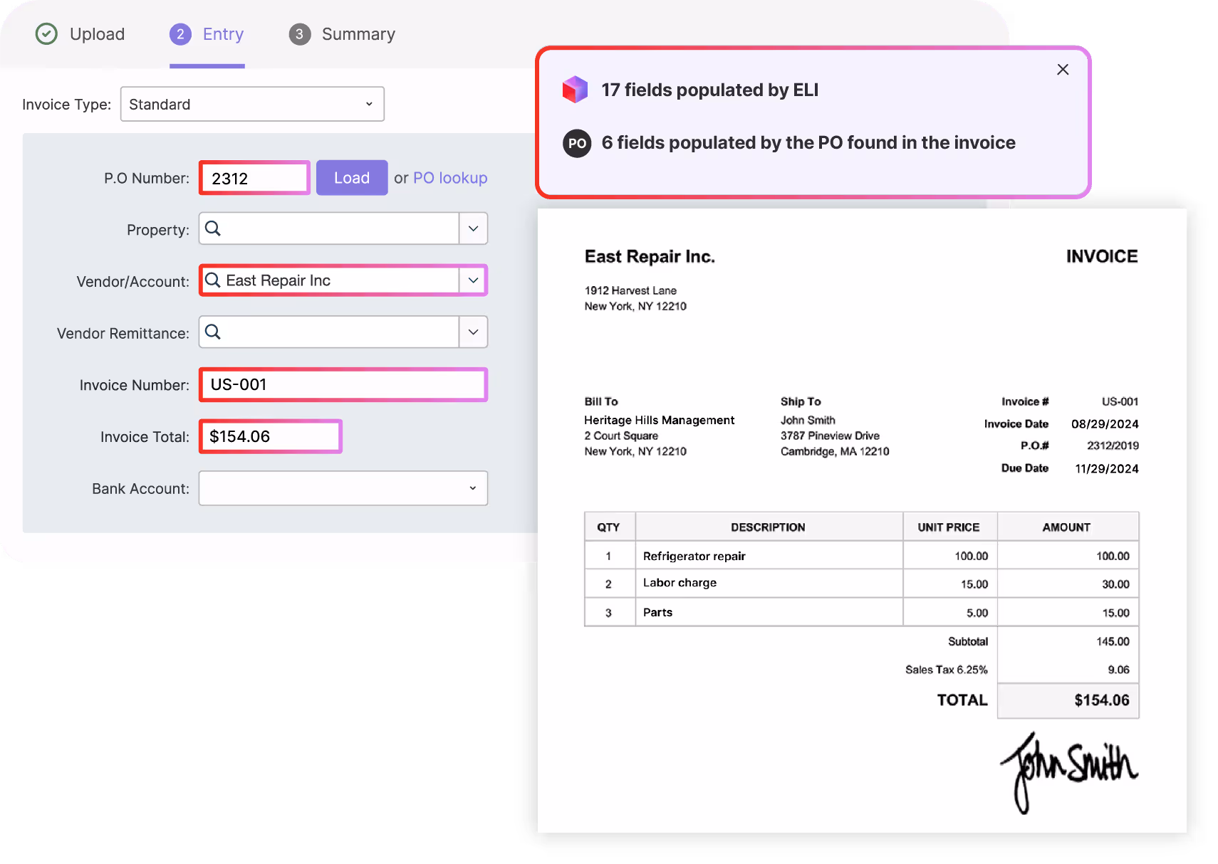 Invoice entry interface showing Standard invoice type with P.O. Number 2312, Vendor East Repair Inc, Invoice Number US-001, and total $154.06; invoice details include repair services billed to Heritage Hills Management and shipped to John Smith with a total amount of $154.06.