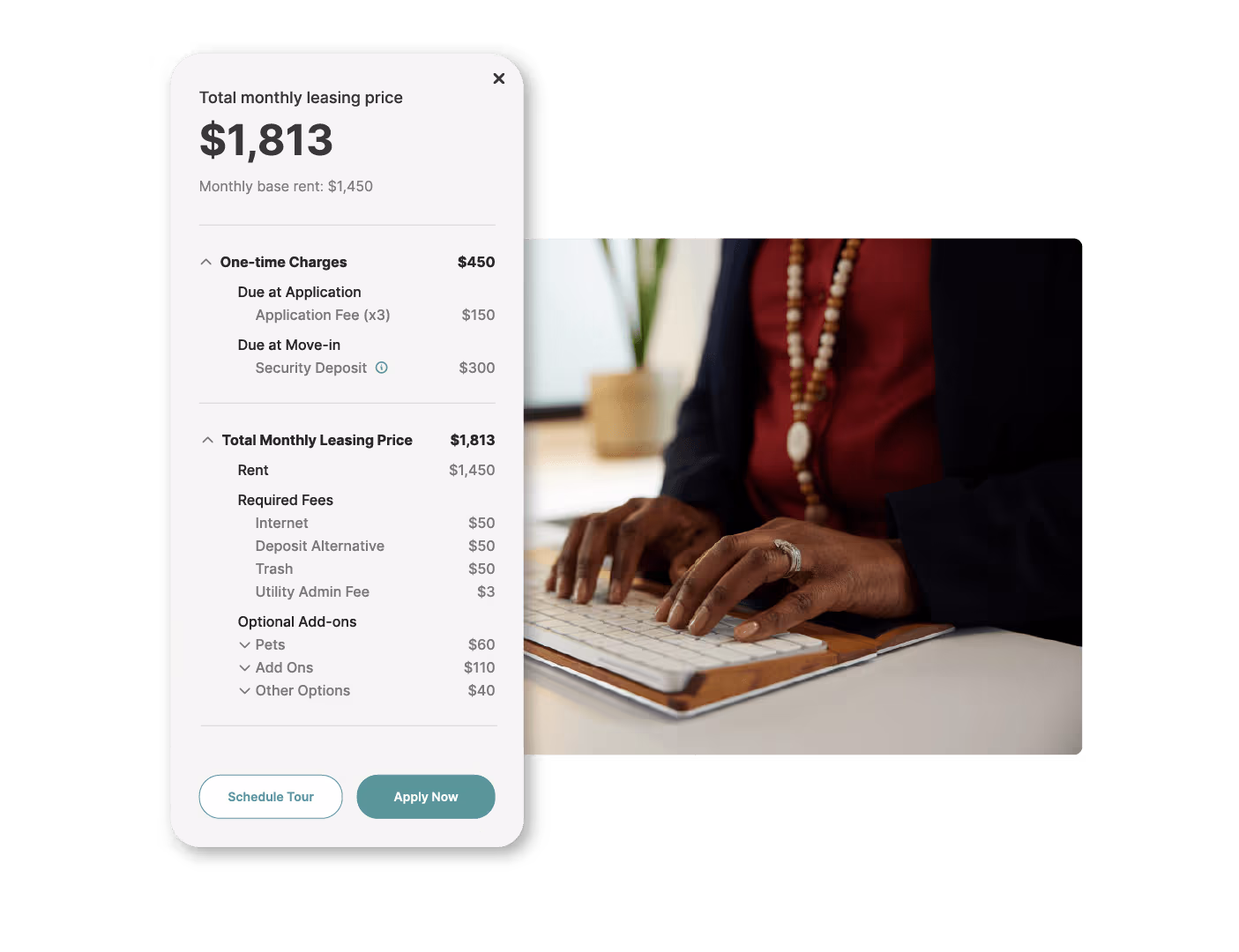 Mobile screen showing a leasing cost estimation calculator with total monthly leasing price of $1,813 and itemized charges; next to the screen, a person with dark skin and a necklace types on a keyboard.